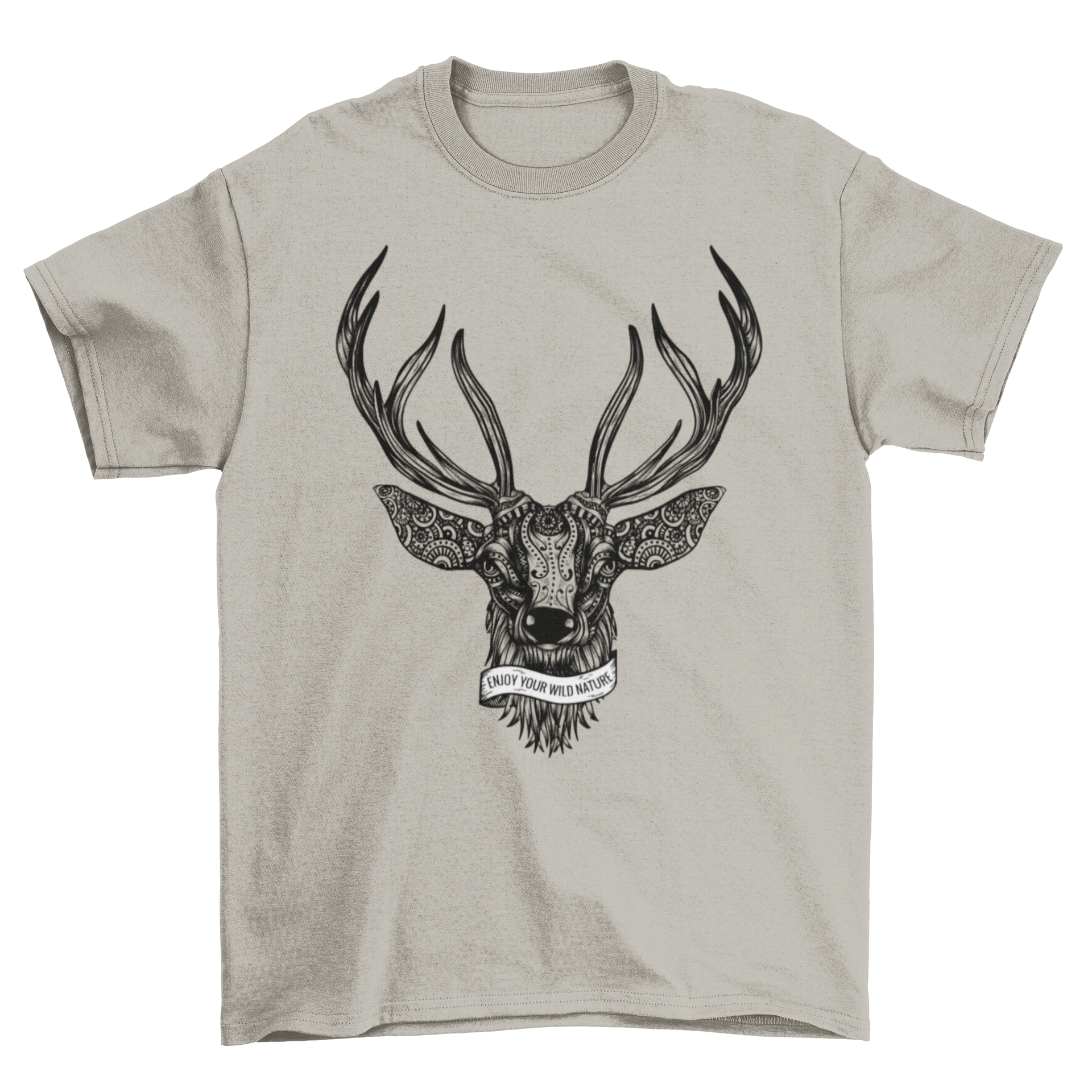 A stylish t-shirt featuring an illustrated deer made from mandalas and tribal patterns, with the text 'Enjoy your wild nature'.