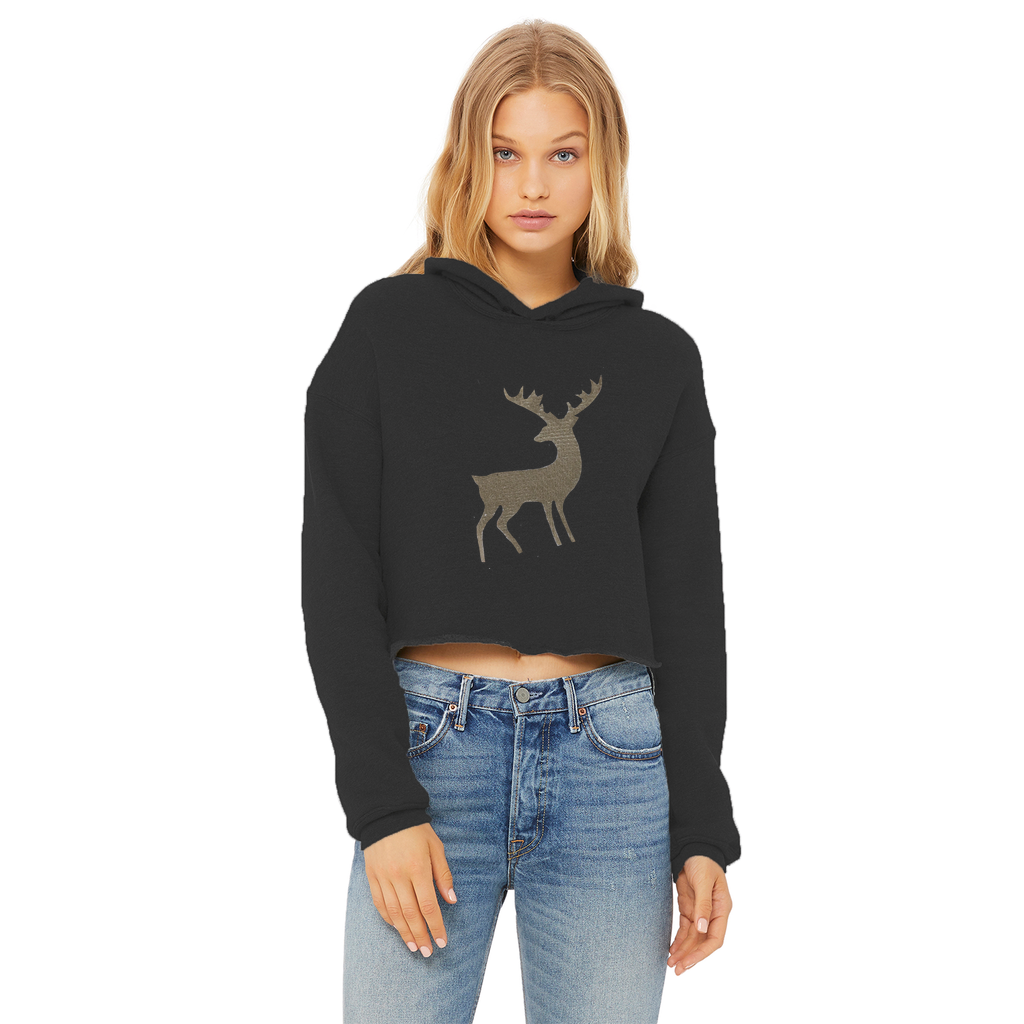 Deer Ladies Cropped Raw Edge Hoodie in various colors with a raw edge hem and double fabric hood, showcasing its stylish design and soft fabric.