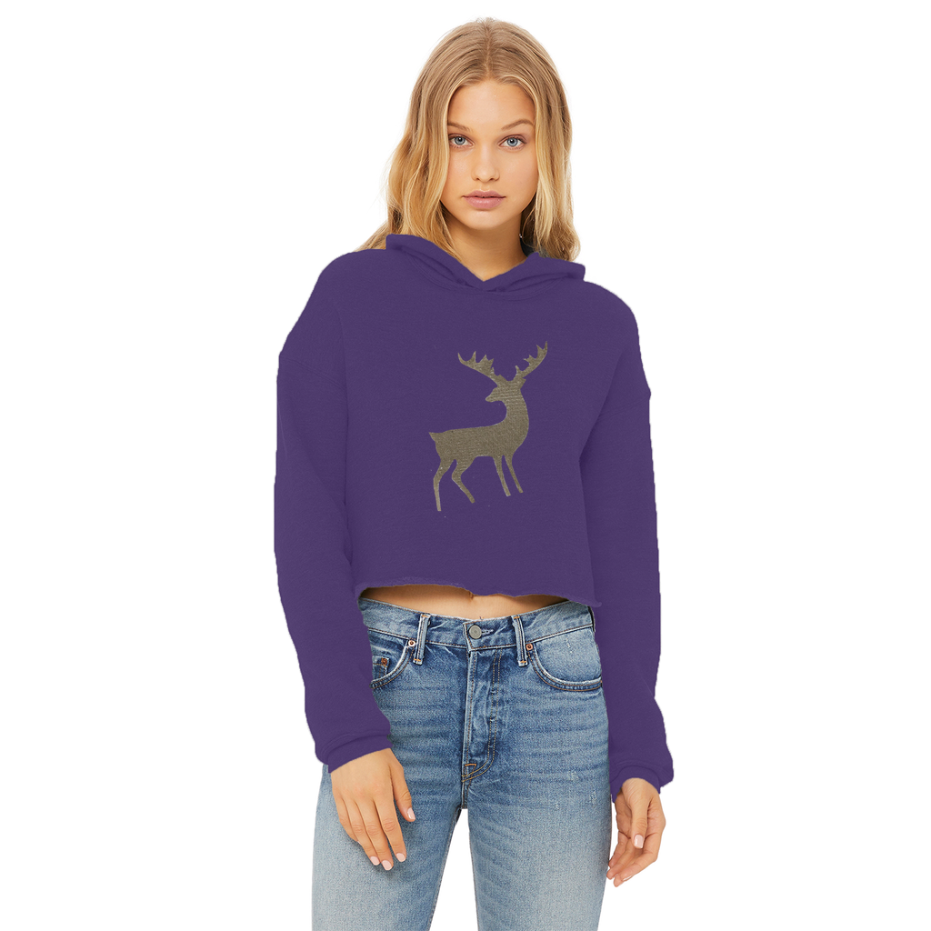 Deer Ladies Cropped Raw Edge Hoodie in various colors with a raw edge hem and double fabric hood, showcasing its stylish design and soft fabric.