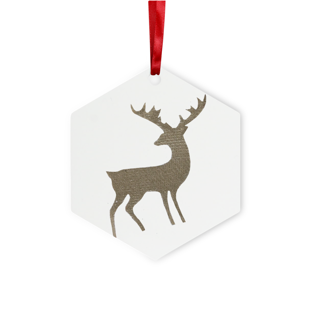 A beautiful Deer Metal Hanging Ornament in gloss white aluminum, featuring a hole for hanging, red ribbon, and gold string, available in hexagon and star shapes.