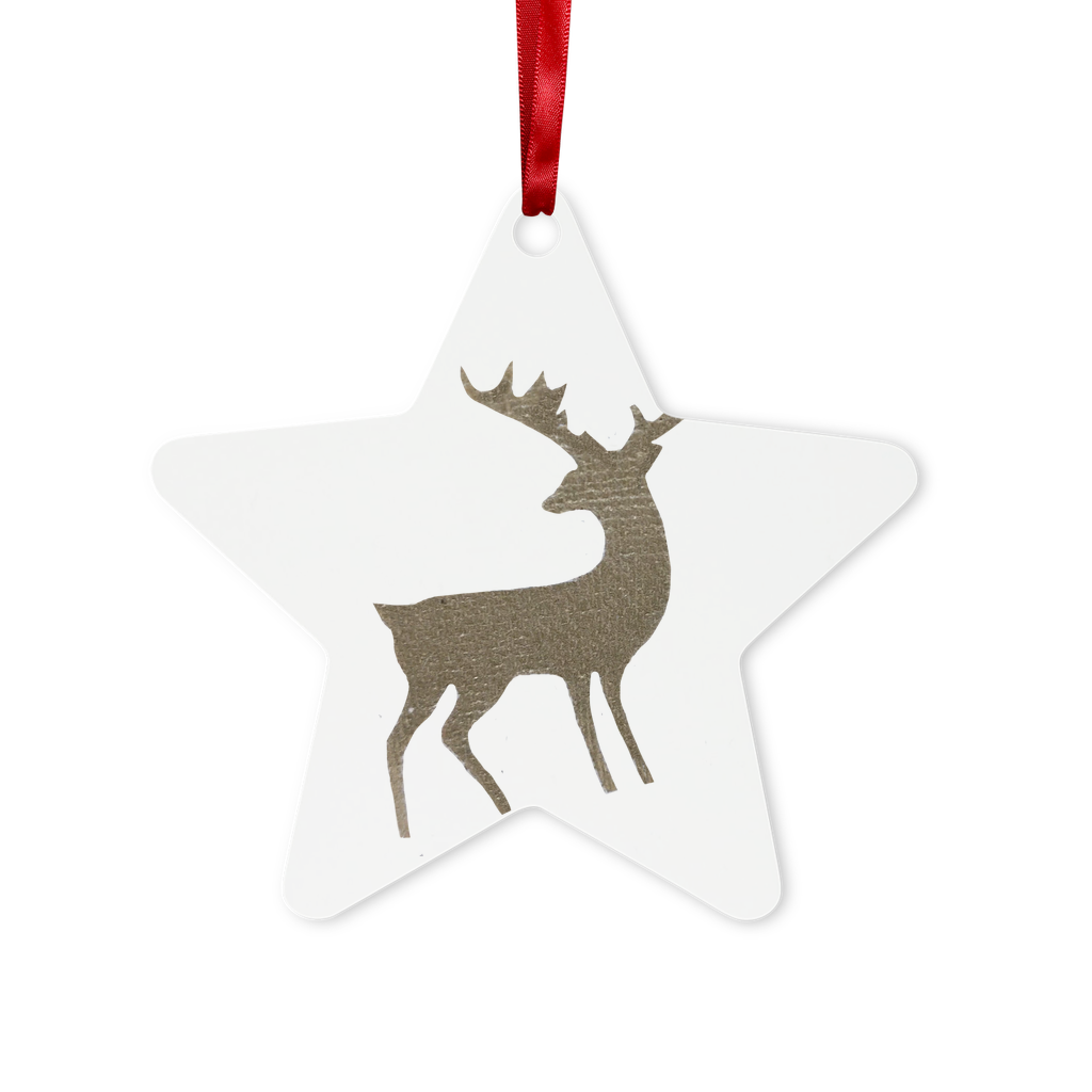 A beautiful Deer Metal Hanging Ornament in gloss white aluminum, featuring a hole for hanging, red ribbon, and gold string, available in hexagon and star shapes.