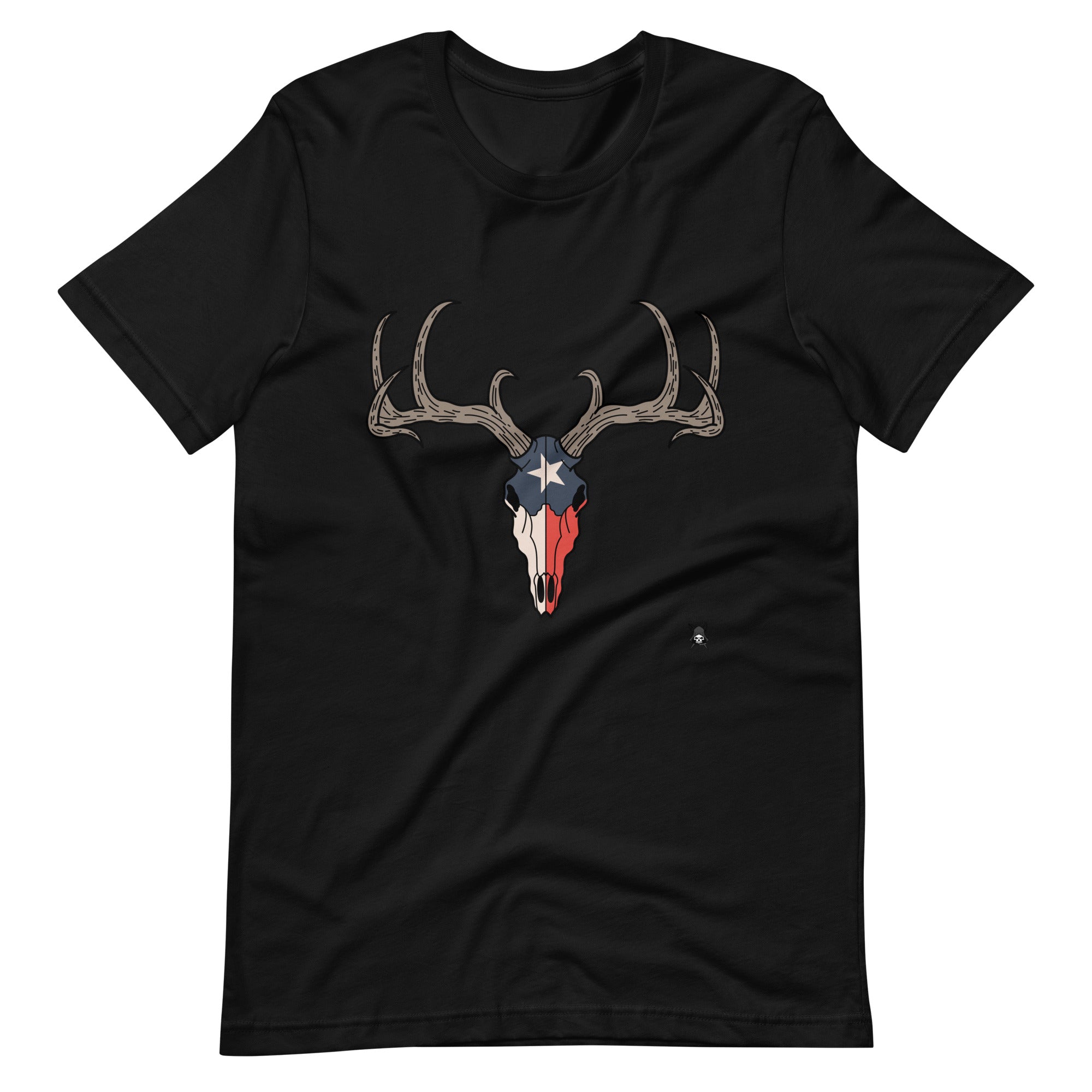 A soft t-shirt featuring a deer skull design combined with the Texas flag, showcasing vibrant colors and intricate details.