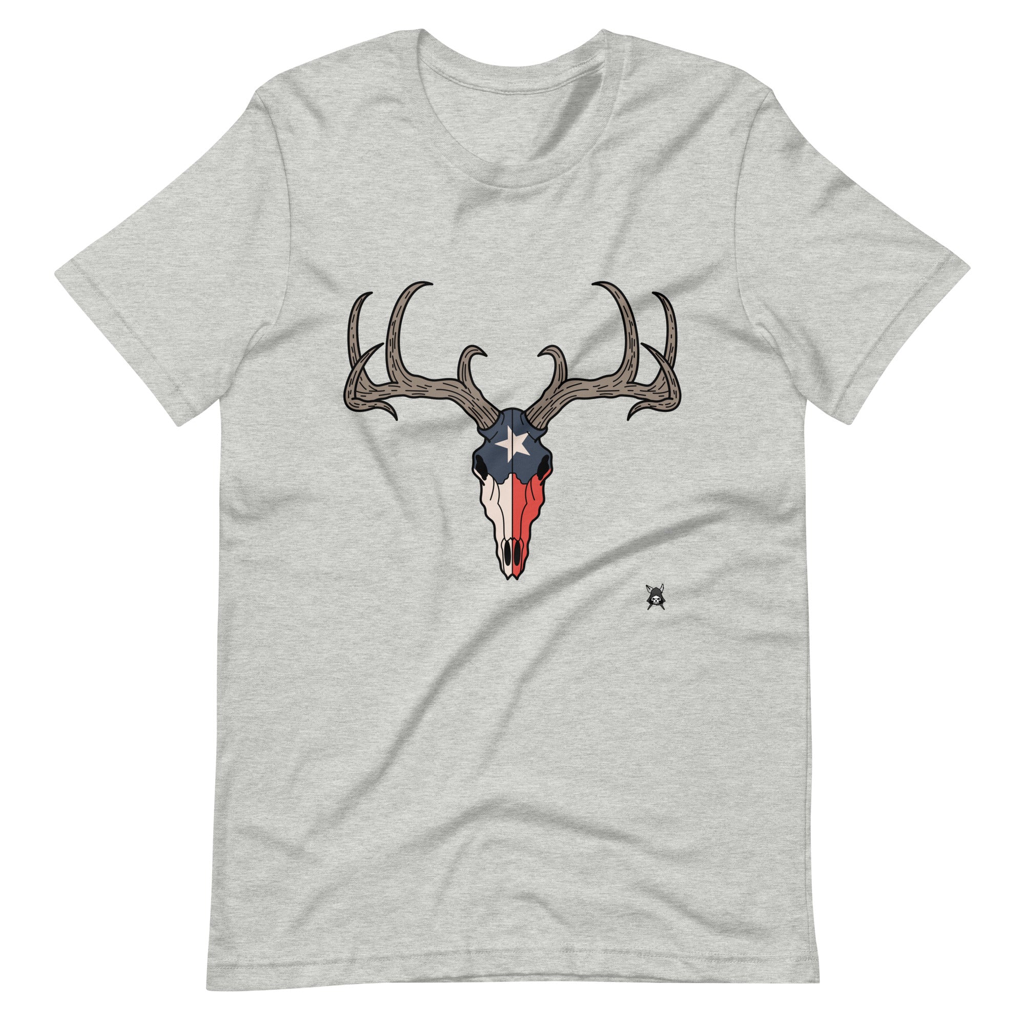 A soft t-shirt featuring a deer skull design combined with the Texas flag, showcasing vibrant colors and intricate details.