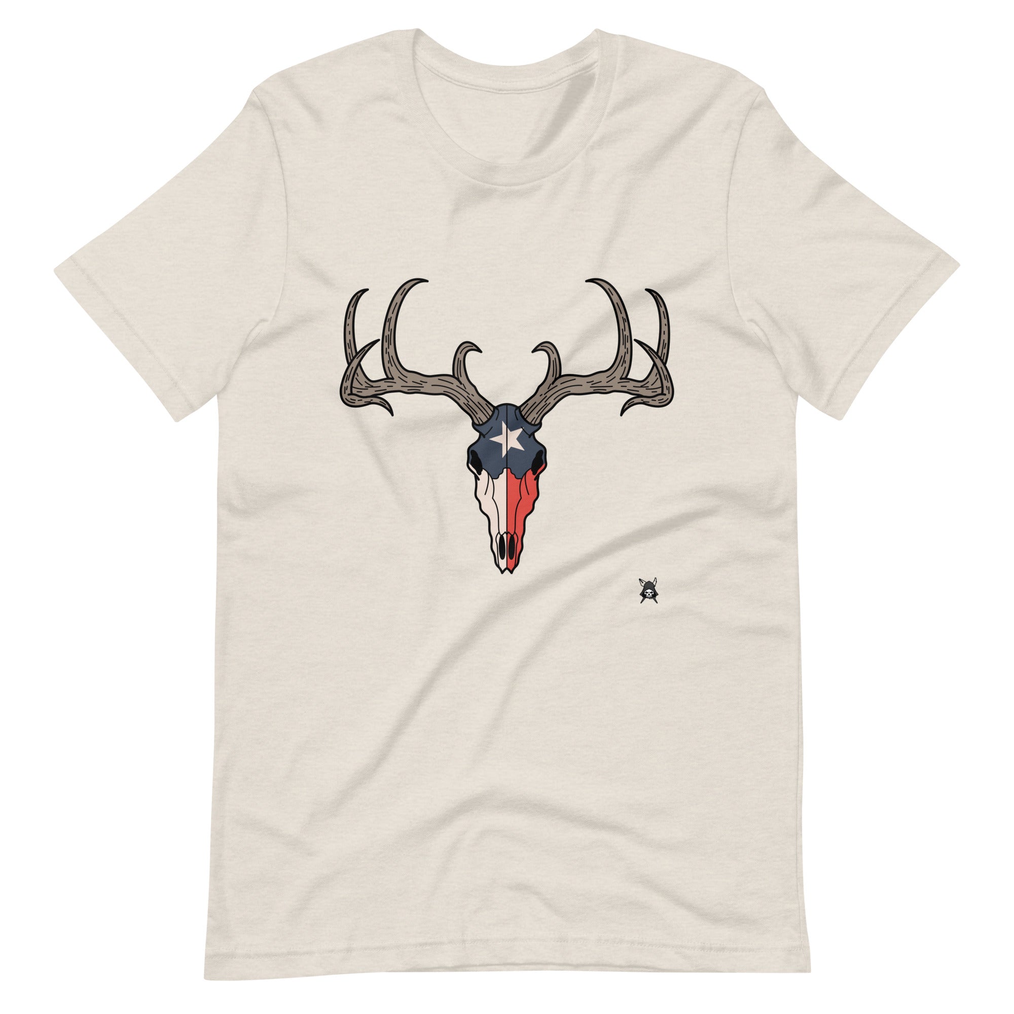 A soft t-shirt featuring a deer skull design combined with the Texas flag, showcasing vibrant colors and intricate details.