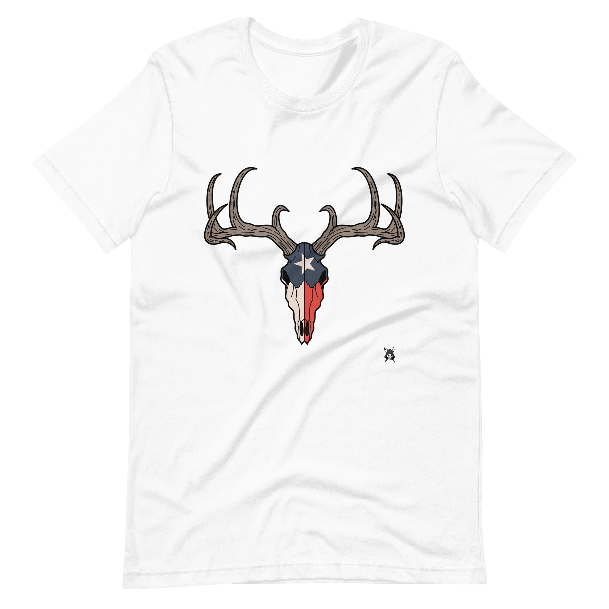 A soft t-shirt featuring a deer skull design combined with the Texas flag, showcasing vibrant colors and intricate details.