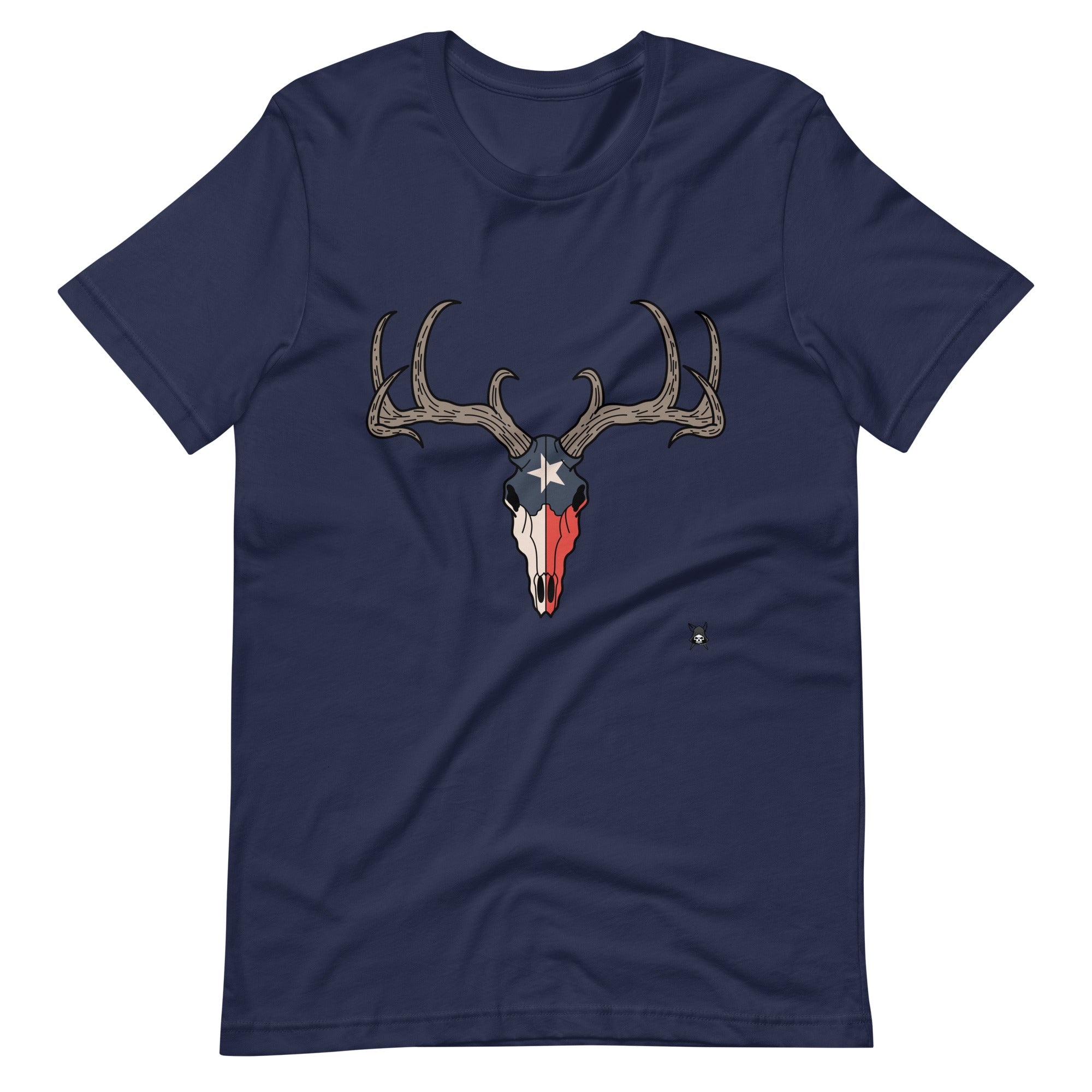 A soft t-shirt featuring a deer skull design combined with the Texas flag, showcasing vibrant colors and intricate details.