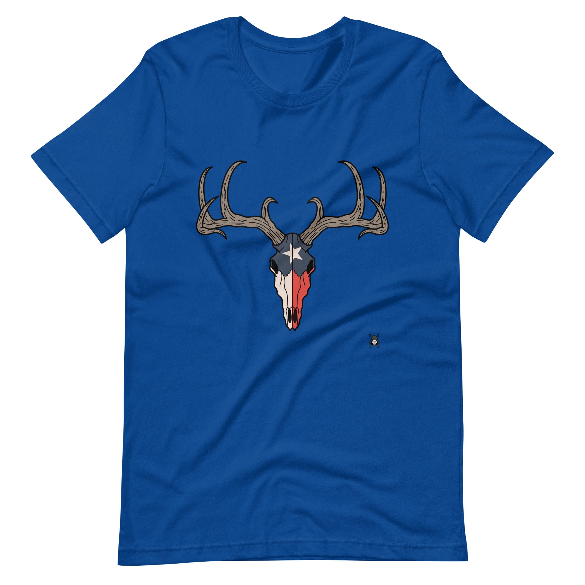 A soft t-shirt featuring a deer skull design combined with the Texas flag, showcasing vibrant colors and intricate details.