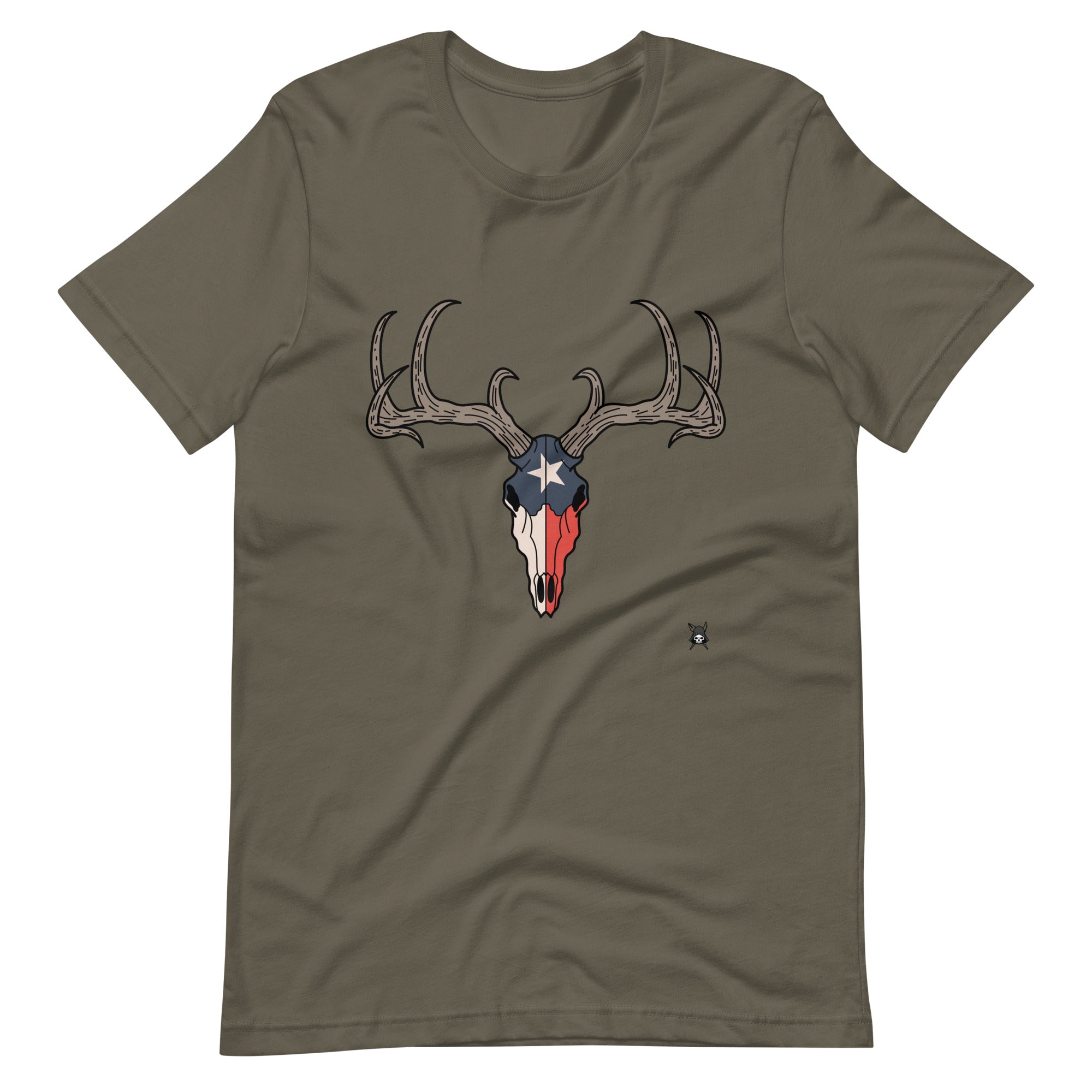 A soft t-shirt featuring a deer skull design combined with the Texas flag, showcasing vibrant colors and intricate details.