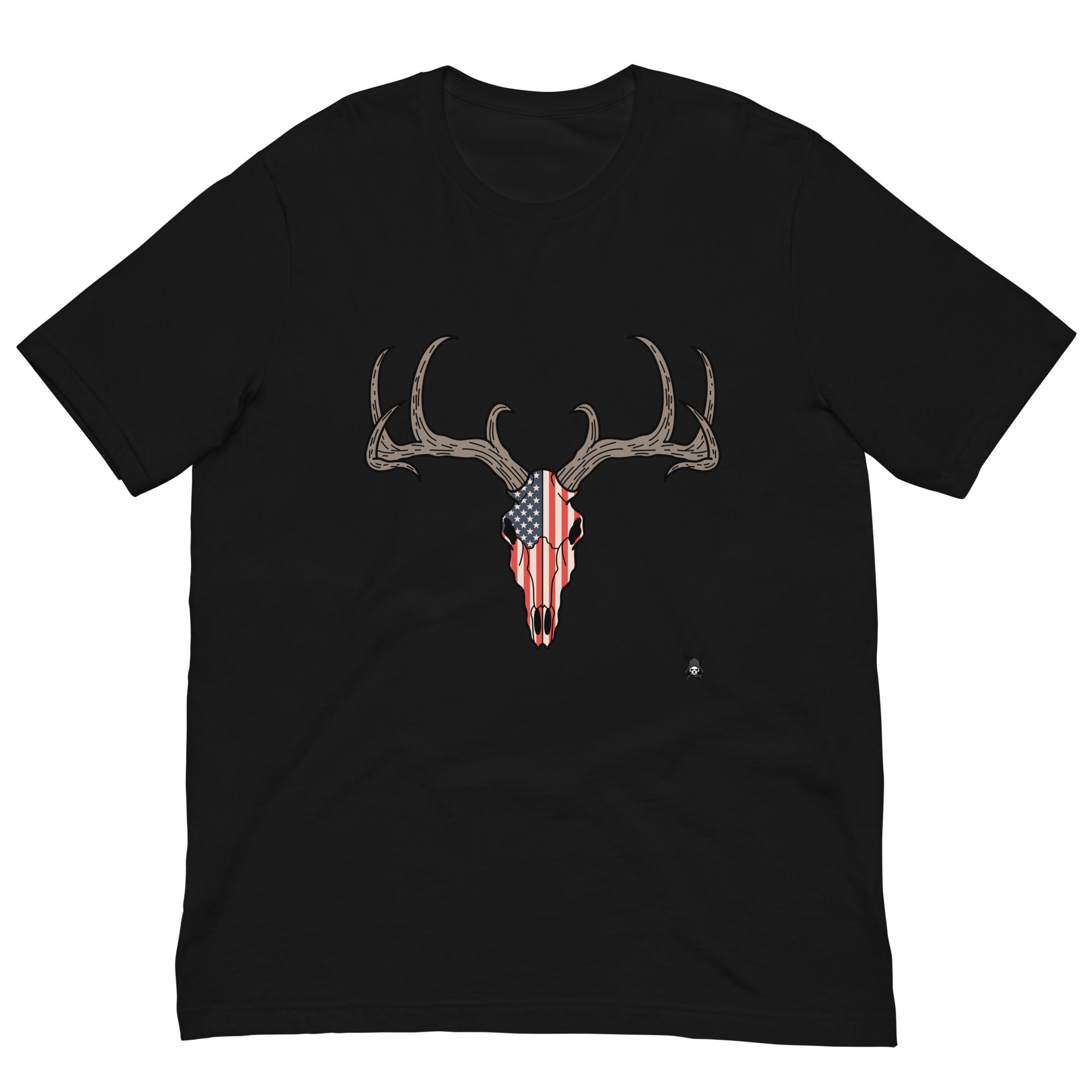 A stylish Deer Skull and USA Flag T-Shirt featuring a unique graphic design, perfect for outdoor enthusiasts and patriots.