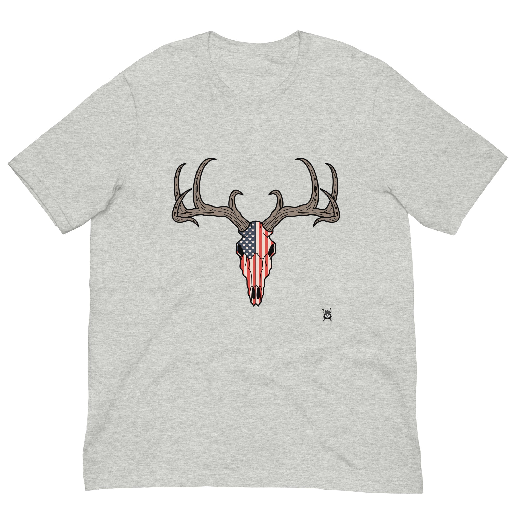 A stylish Deer Skull and USA Flag T-Shirt featuring a unique graphic design, perfect for outdoor enthusiasts and patriots.