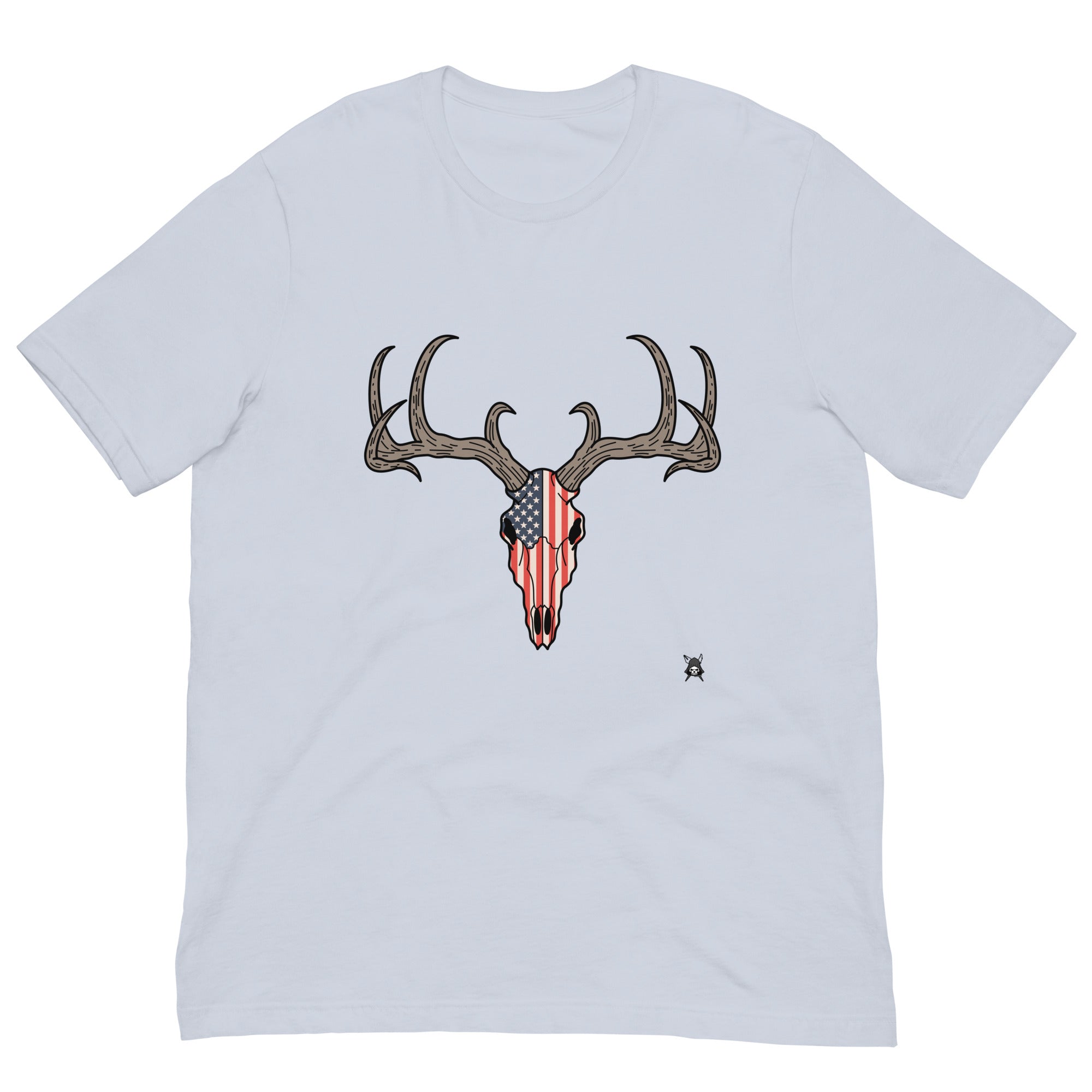 A stylish Deer Skull and USA Flag T-Shirt featuring a unique graphic design, perfect for outdoor enthusiasts and patriots.