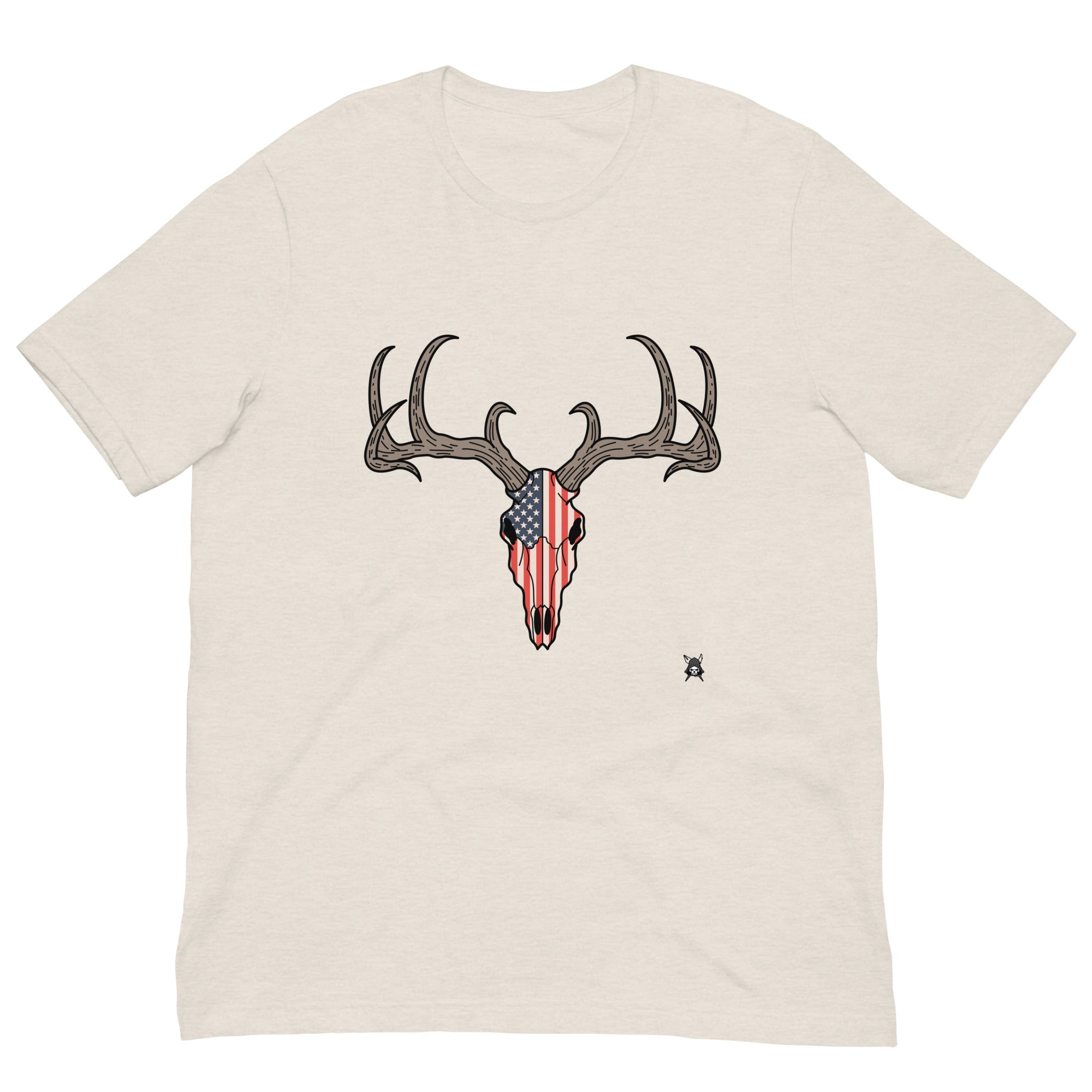 A stylish Deer Skull and USA Flag T-Shirt featuring a unique graphic design, perfect for outdoor enthusiasts and patriots.