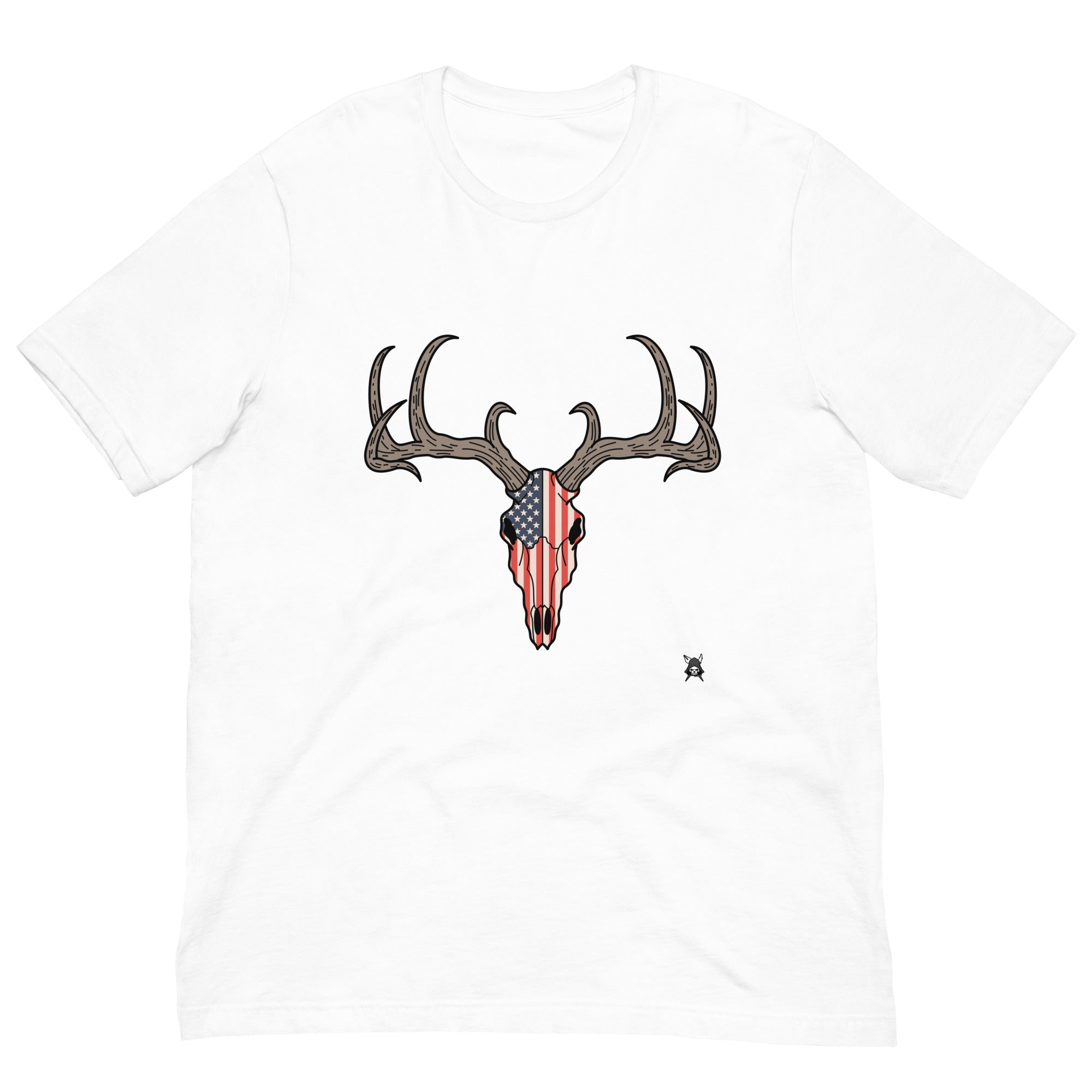 A stylish Deer Skull and USA Flag T-Shirt featuring a unique graphic design, perfect for outdoor enthusiasts and patriots.