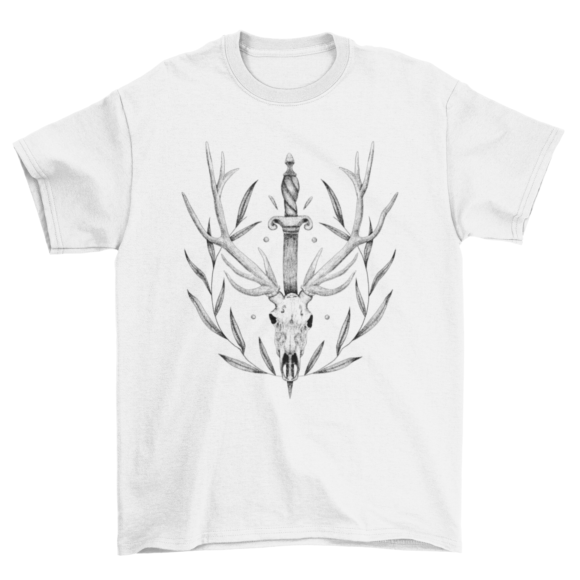 A stylish t-shirt featuring a detailed deer skull design with leaves and a sword, showcasing nature-inspired art.