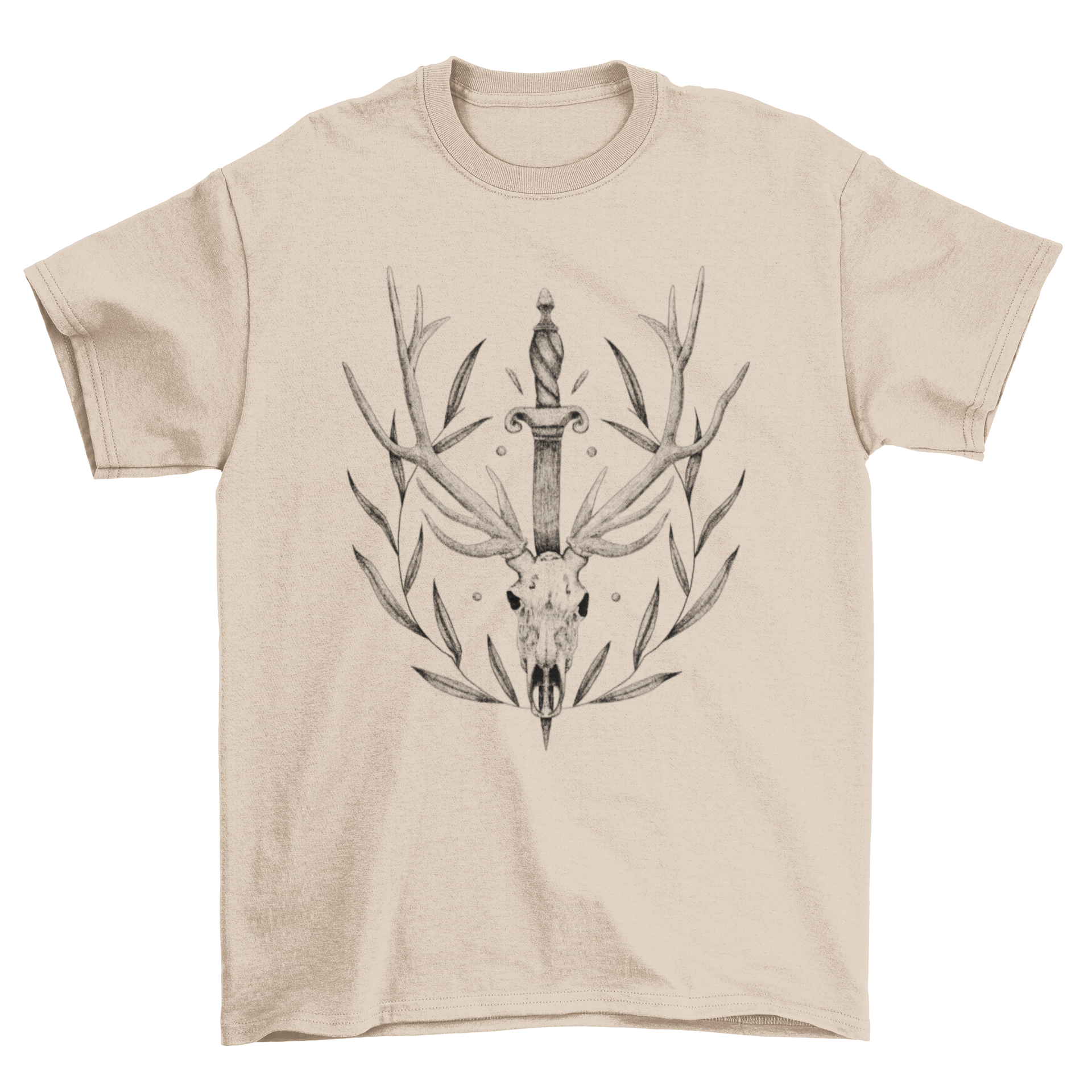 A stylish t-shirt featuring a detailed deer skull design with leaves and a sword, showcasing nature-inspired art.