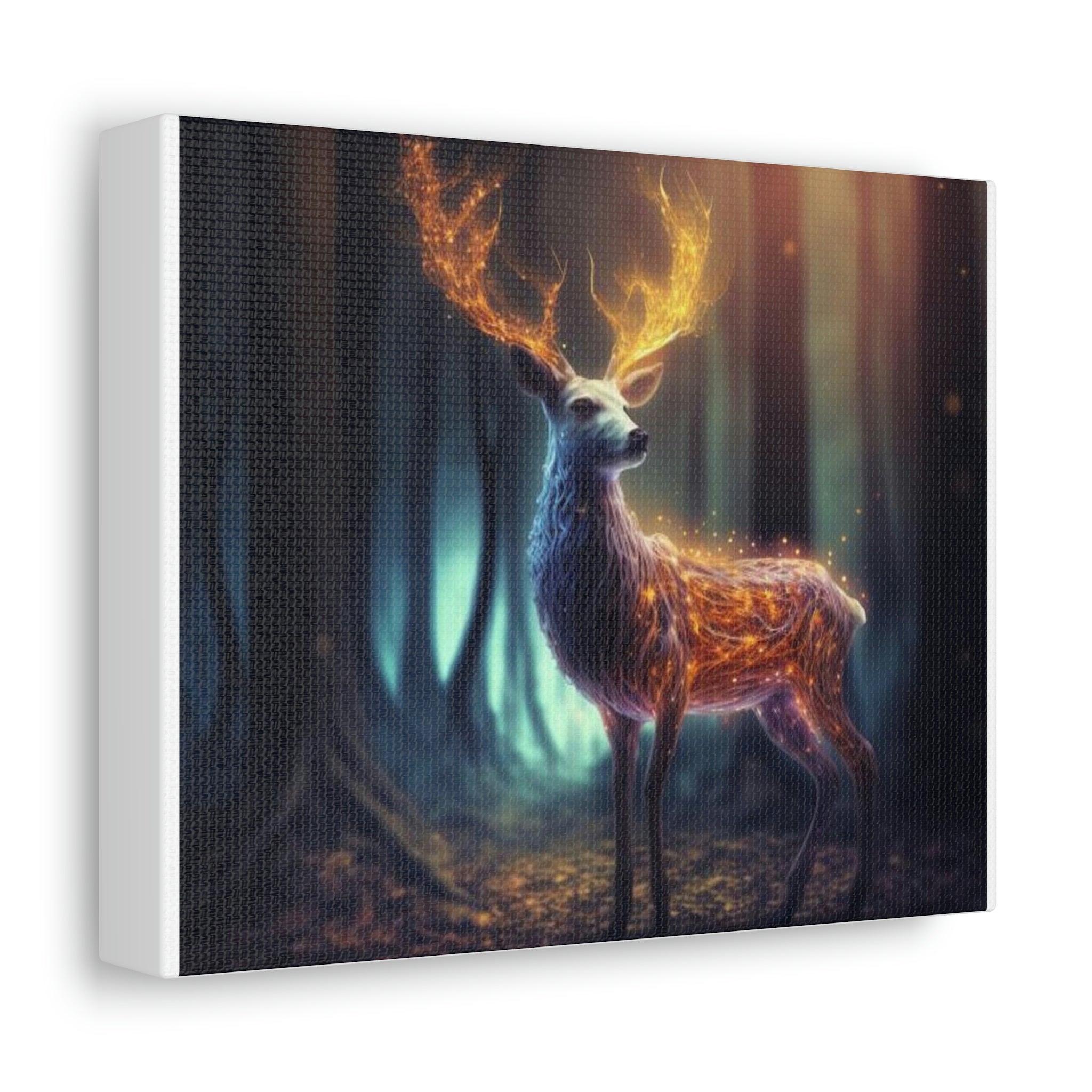 A beautifully printed Deer Stretched Canvas artwork, showcasing a majestic deer in a natural setting, framed on a sturdy wooden structure.