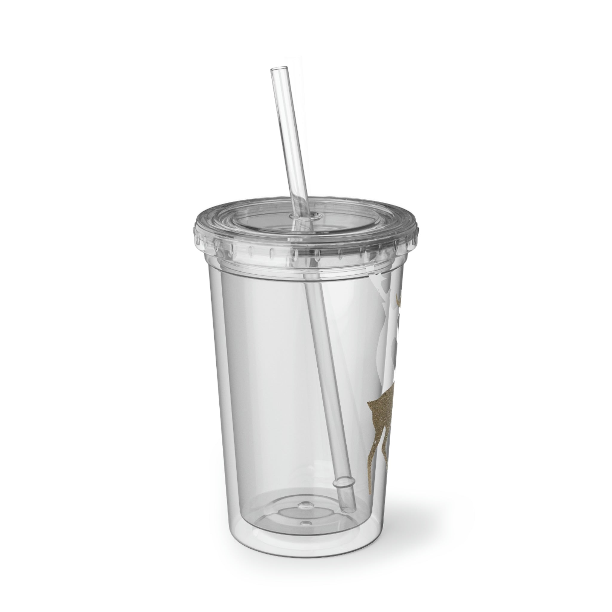 Deer Suave Acrylic Cup in stainless steel with a black cap and plastic straw, showcasing a customizable design.