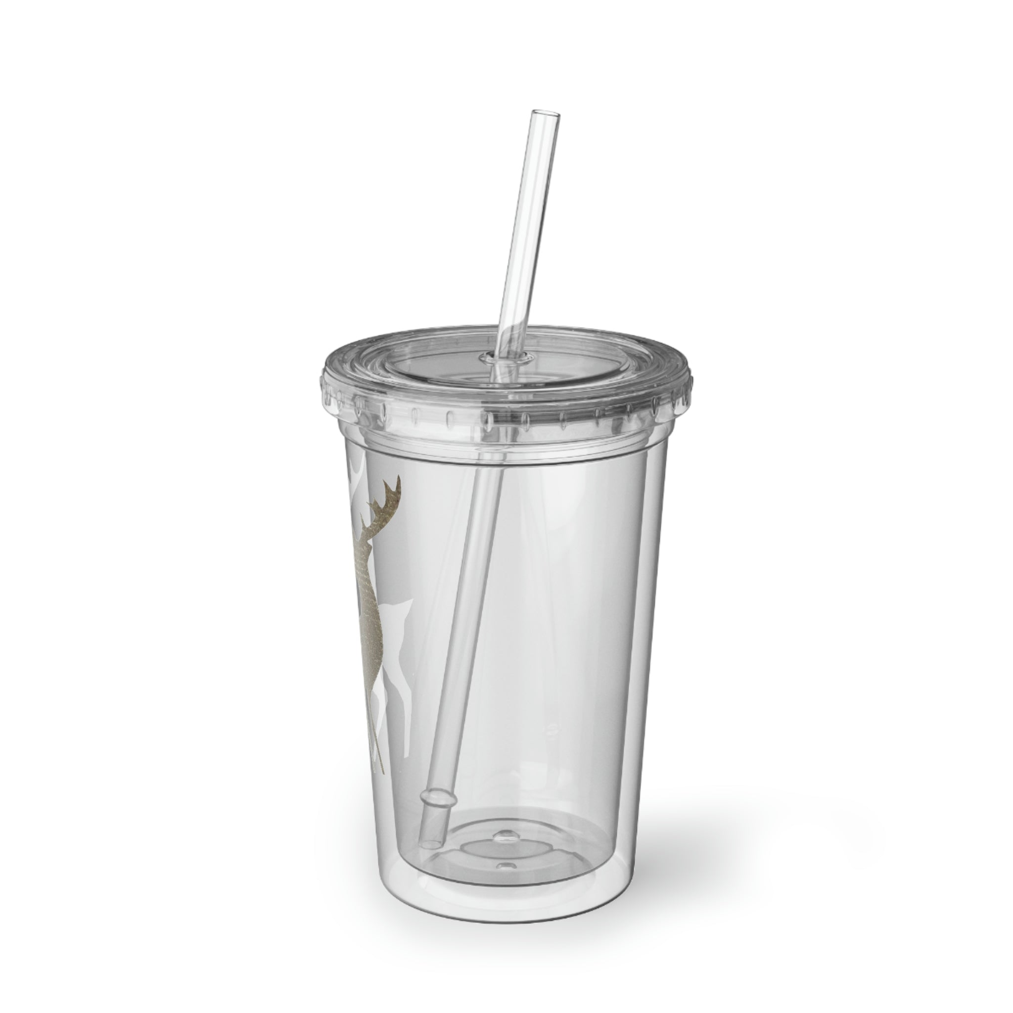 Deer Suave Acrylic Cup in stainless steel with a black cap and plastic straw, showcasing a customizable design.