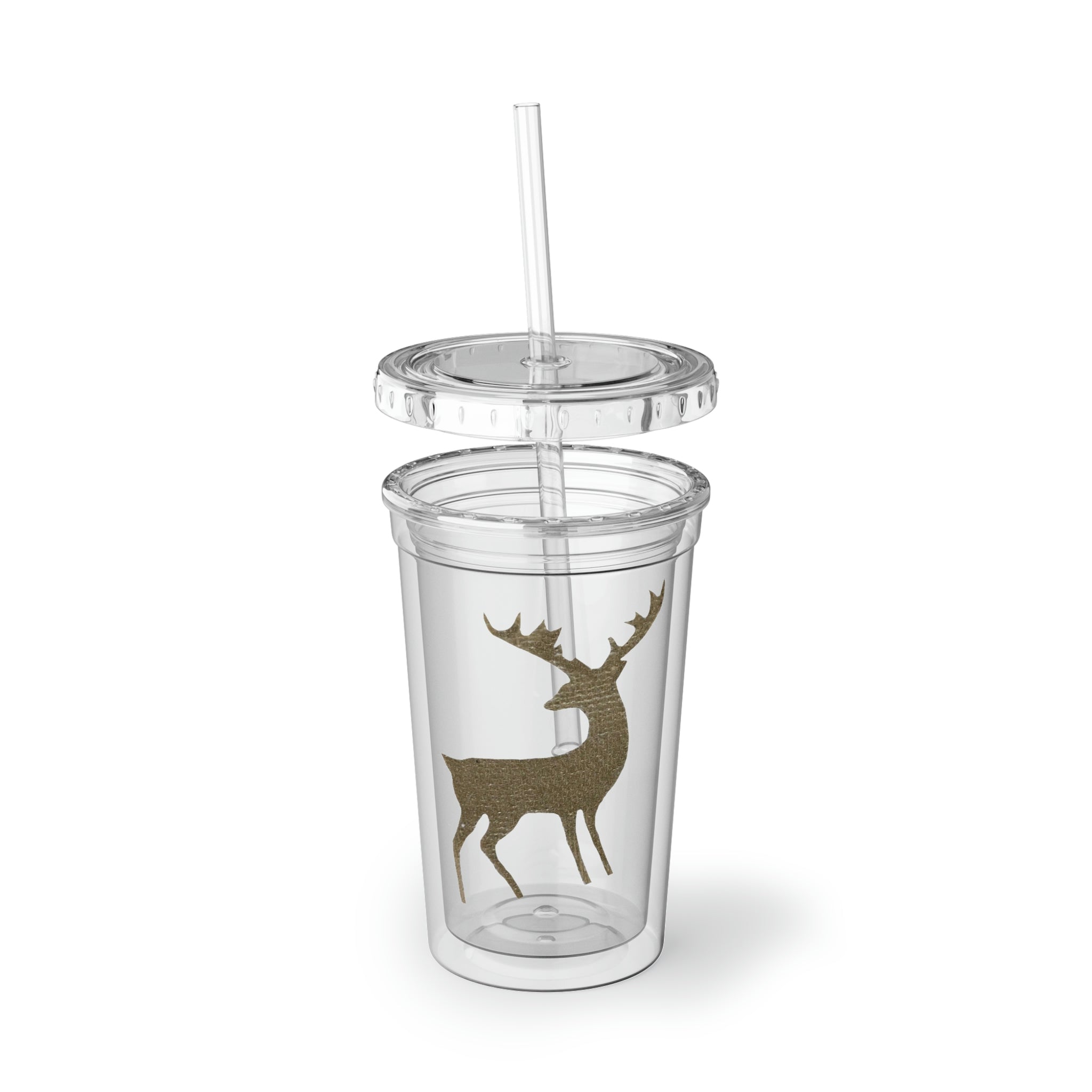 Deer Suave Acrylic Cup in stainless steel with a black cap and plastic straw, showcasing a customizable design.