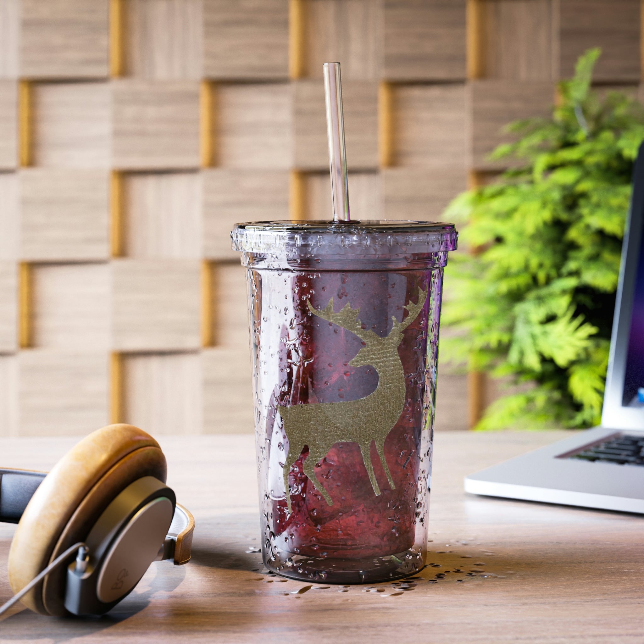 Deer Suave Acrylic Cup in stainless steel with a black cap and plastic straw, showcasing a customizable design.