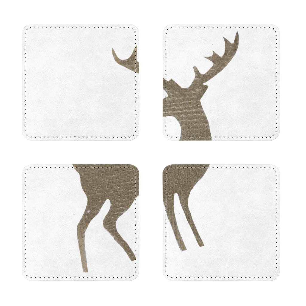 Pack of four deer sublimation coasters made from PU leather, featuring a white printable face and white stitching, ideal for home decor.