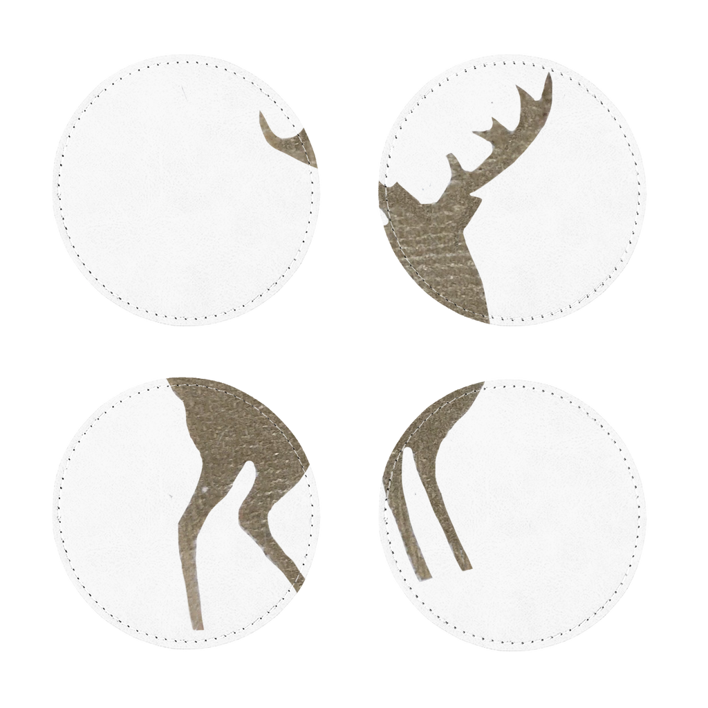 Pack of four deer sublimation coasters made from PU leather, featuring a white printable face and white stitching, ideal for home decor.