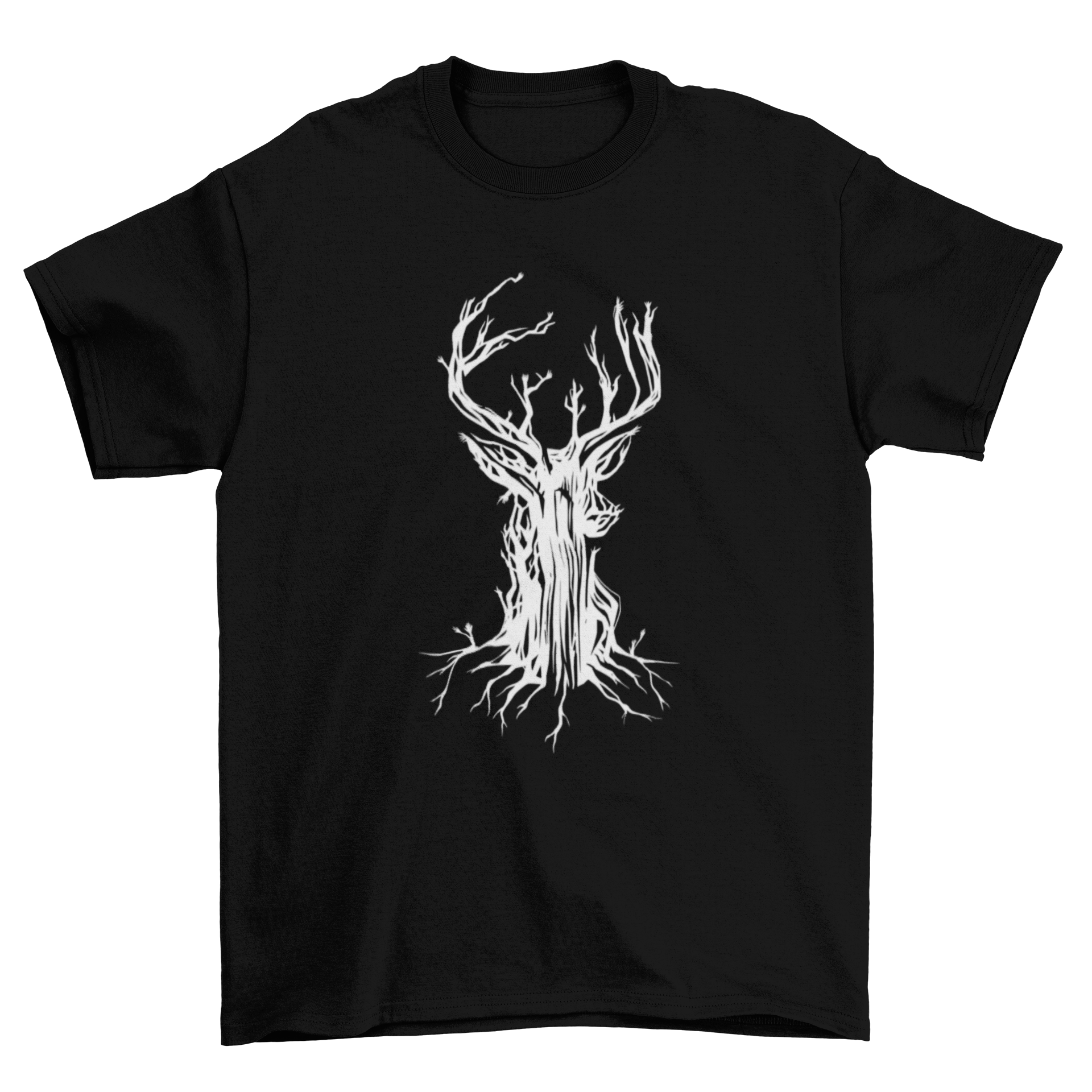 A creative T-shirt design featuring a tree that resembles a deer, showcasing nature-inspired art.