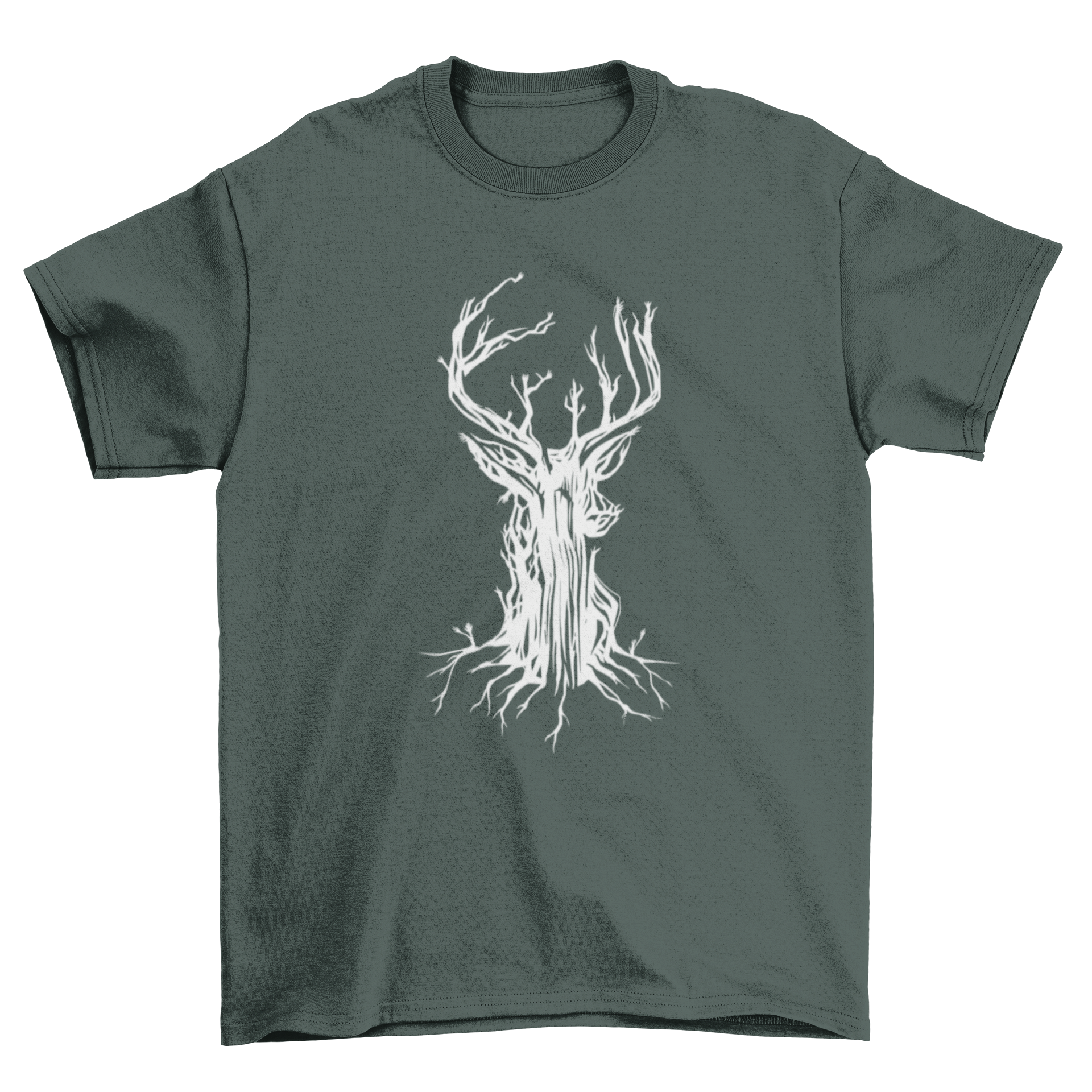 A creative T-shirt design featuring a tree that resembles a deer, showcasing nature-inspired art.