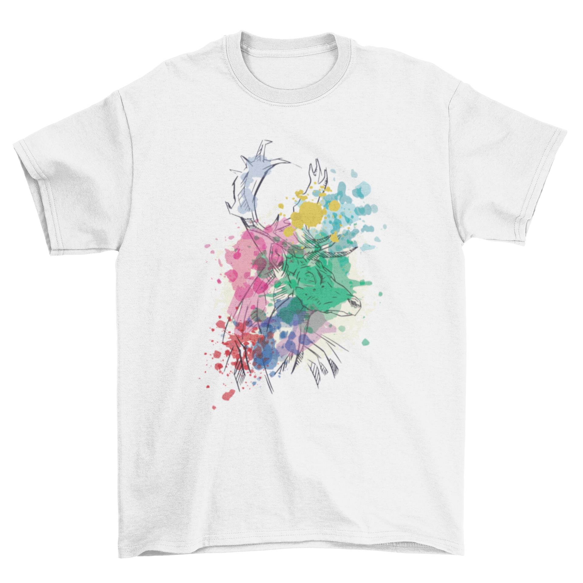 A stylish t-shirt featuring a hand-drawn deer design with colorful watercolor blobs, perfect for nature lovers.