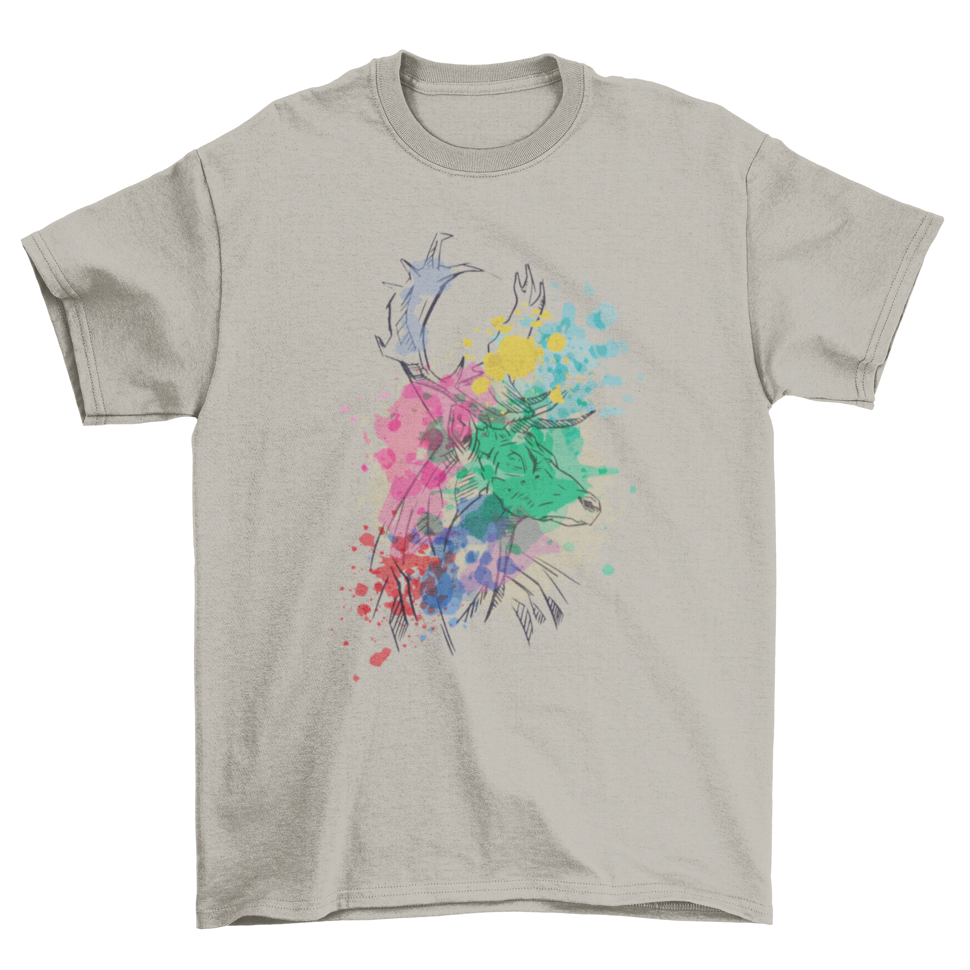 A stylish t-shirt featuring a hand-drawn deer design with colorful watercolor blobs, perfect for nature lovers.