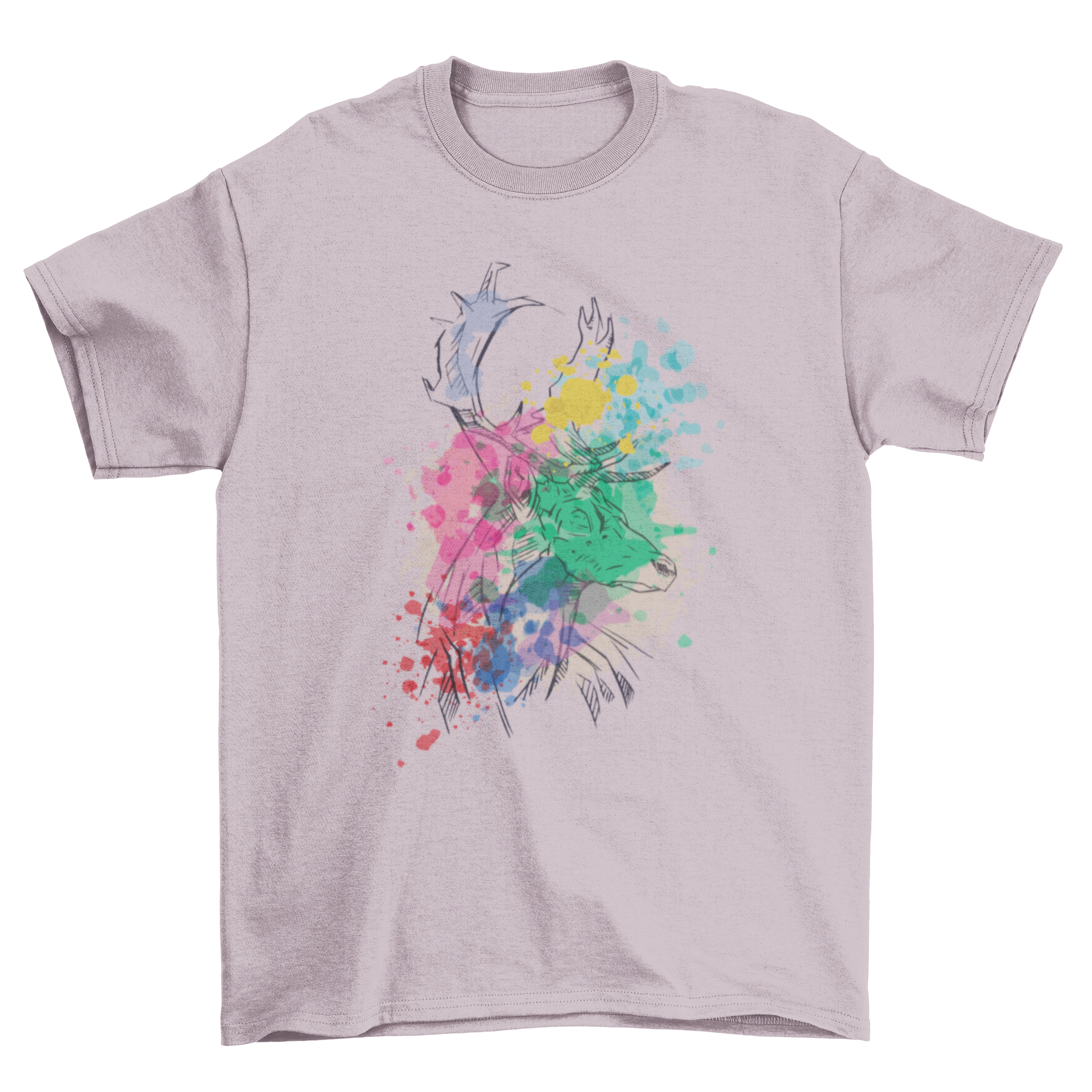 A stylish t-shirt featuring a hand-drawn deer design with colorful watercolor blobs, perfect for nature lovers.