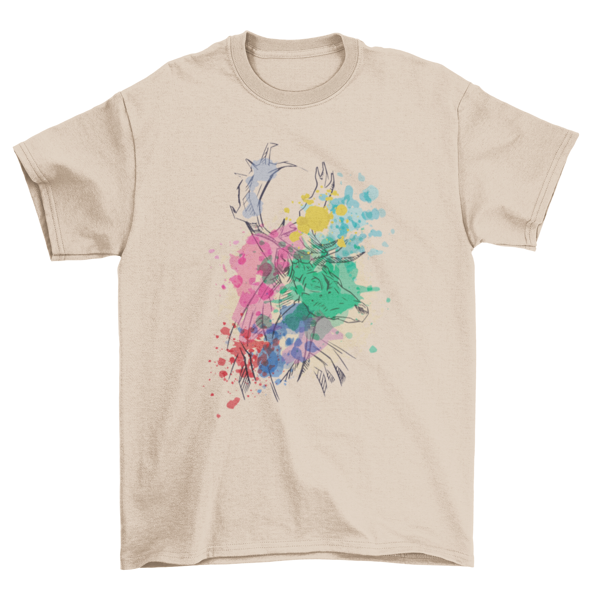 A stylish t-shirt featuring a hand-drawn deer design with colorful watercolor blobs, perfect for nature lovers.