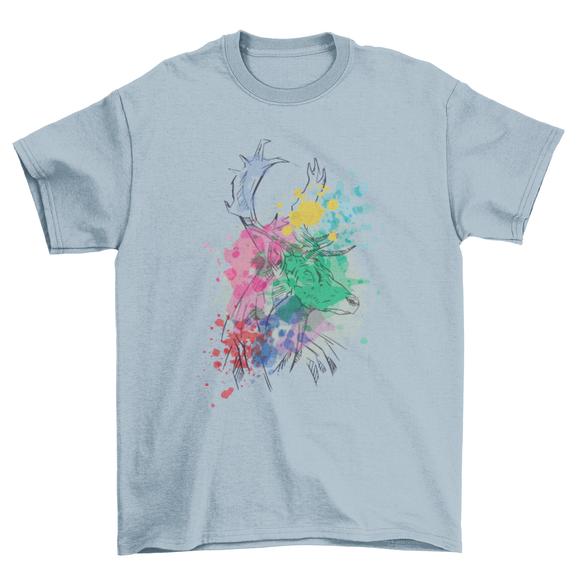 A stylish t-shirt featuring a hand-drawn deer design with colorful watercolor blobs, perfect for nature lovers.