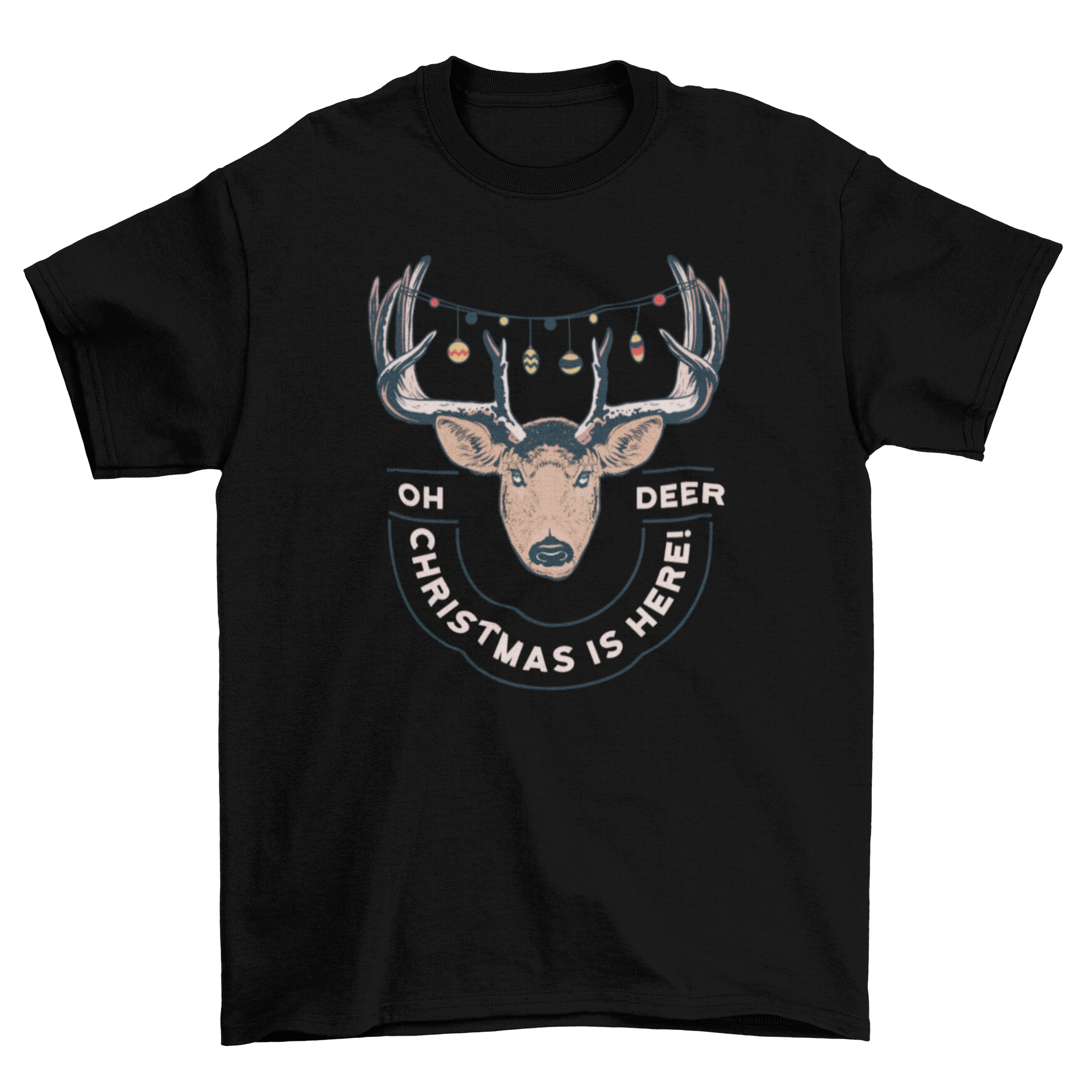 A festive t-shirt featuring a deer wrapped in colorful Christmas lights with the quote 'Oh deer, Christmas is here'.