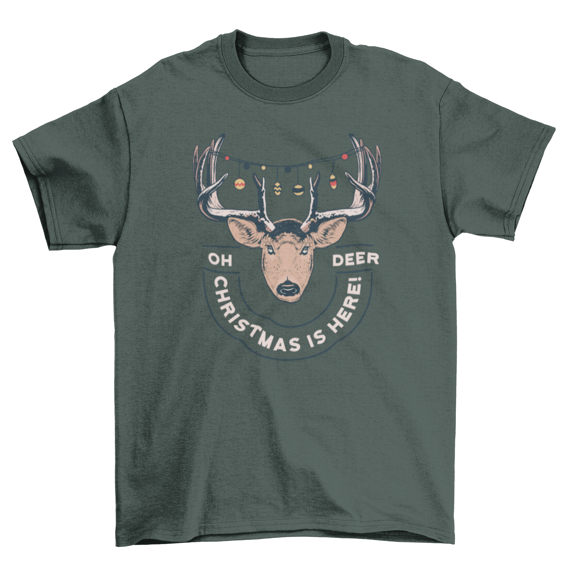 A festive t-shirt featuring a deer wrapped in colorful Christmas lights with the quote 'Oh deer, Christmas is here'.