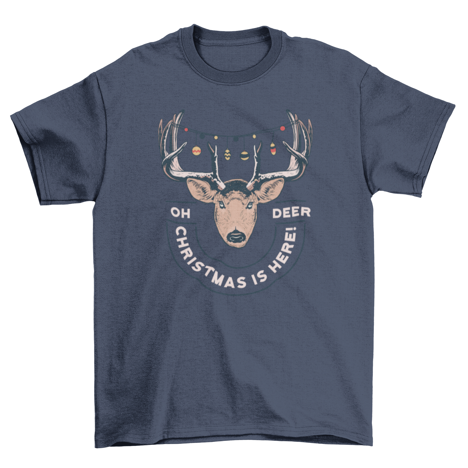 A festive t-shirt featuring a deer wrapped in colorful Christmas lights with the quote 'Oh deer, Christmas is here'.