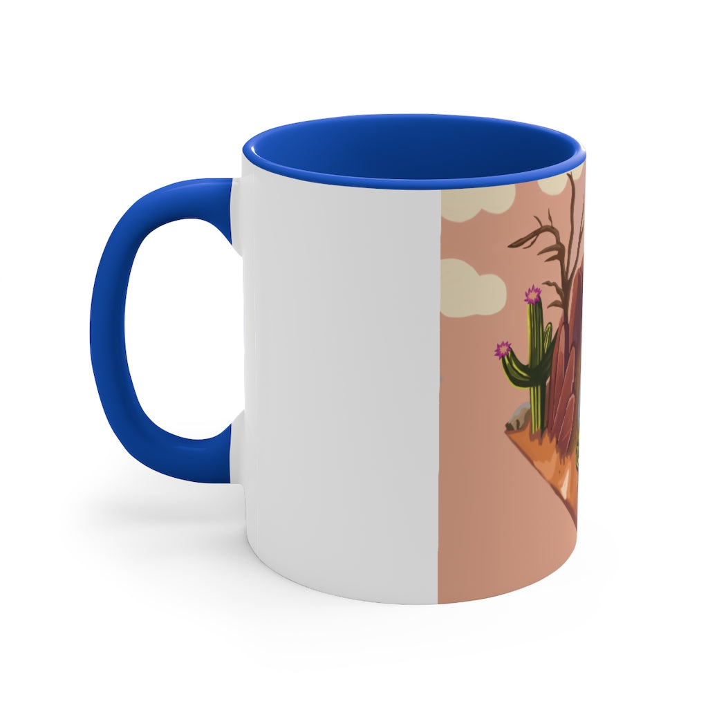 Desert 11oz Accent Mug featuring a white ceramic body with a colored interior and handle, showcasing vibrant color schemes.