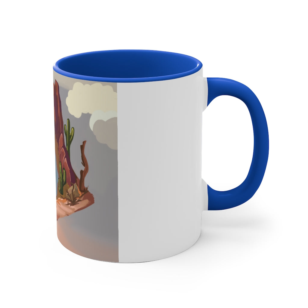 Desert 11oz Accent Mug featuring a white ceramic body with a colored interior and handle, showcasing vibrant color schemes.