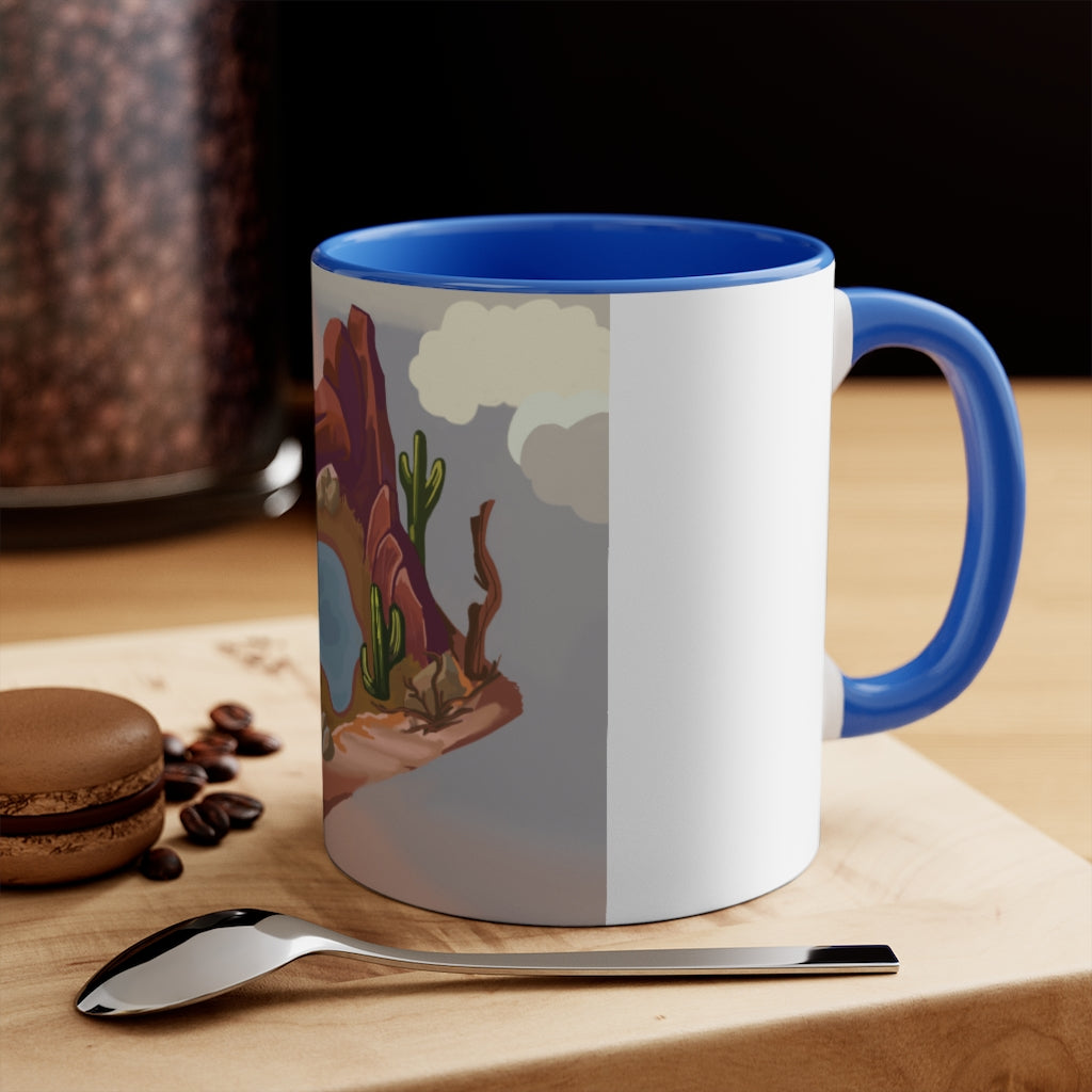 Desert 11oz Accent Mug featuring a white ceramic body with a colored interior and handle, showcasing vibrant color schemes.