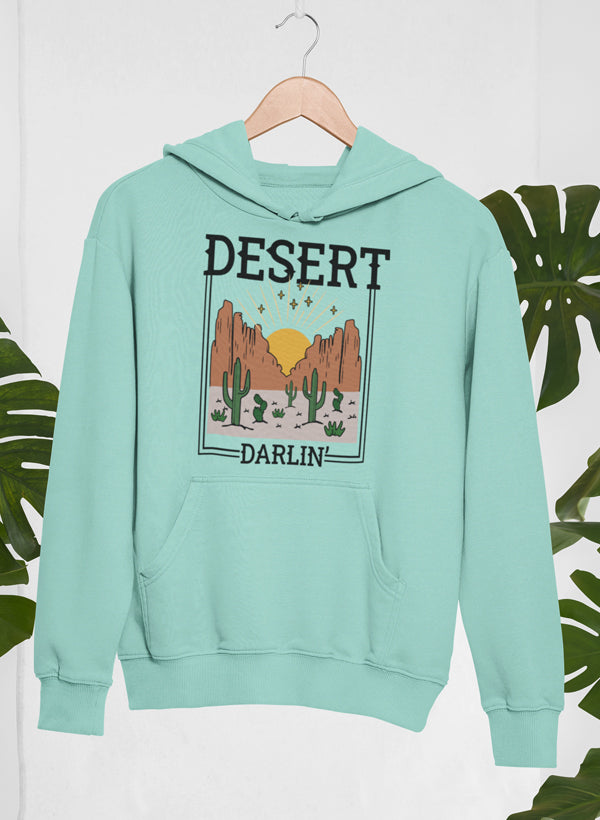 Desert Darlin' Hoodie featuring unique artistic designs, adjustable hood, and cozy fleece lining.