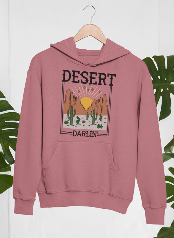 Desert Darlin' Hoodie featuring unique artistic designs, adjustable hood, and cozy fleece lining.