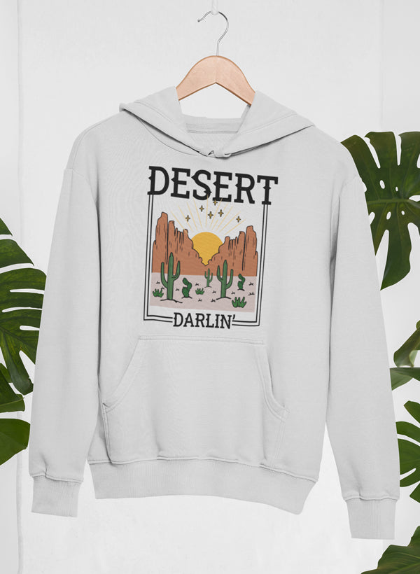 Desert Darlin' Hoodie featuring unique artistic designs, adjustable hood, and cozy fleece lining.