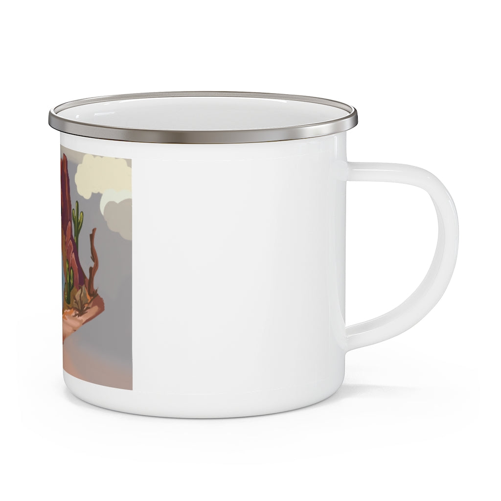 A stylish Desert Enamel Camping Mug with a C-handle, featuring a personalized design, perfect for outdoor adventures.