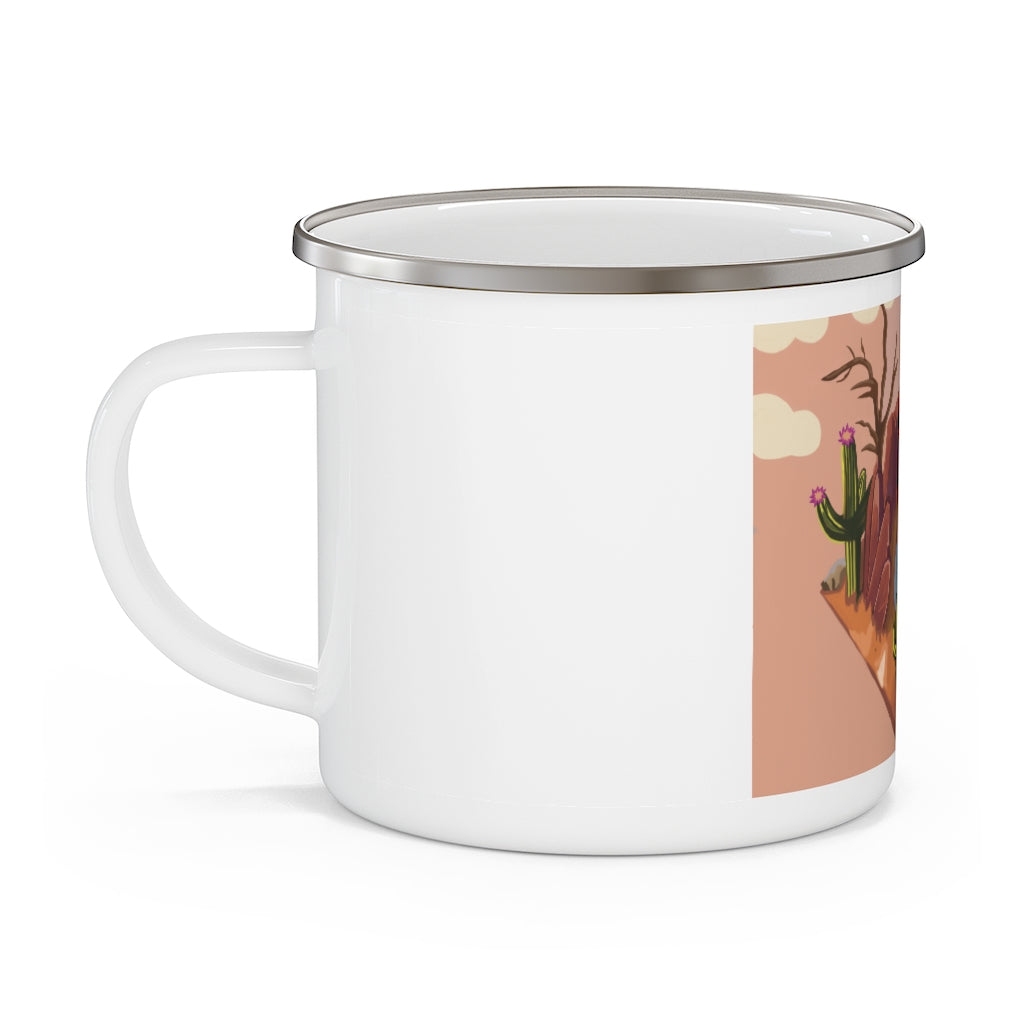 A stylish Desert Enamel Camping Mug with a C-handle, featuring a personalized design, perfect for outdoor adventures.