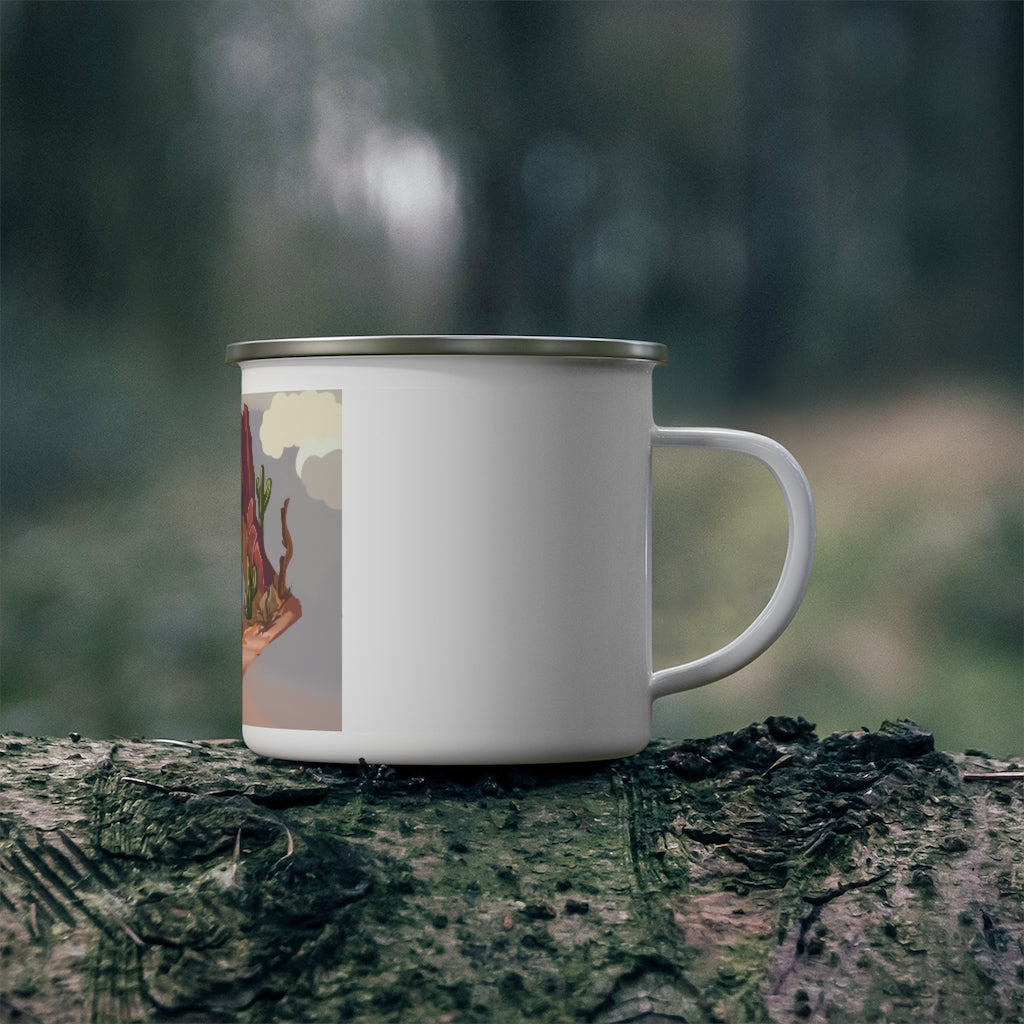 A stylish Desert Enamel Camping Mug with a C-handle, featuring a personalized design, perfect for outdoor adventures.