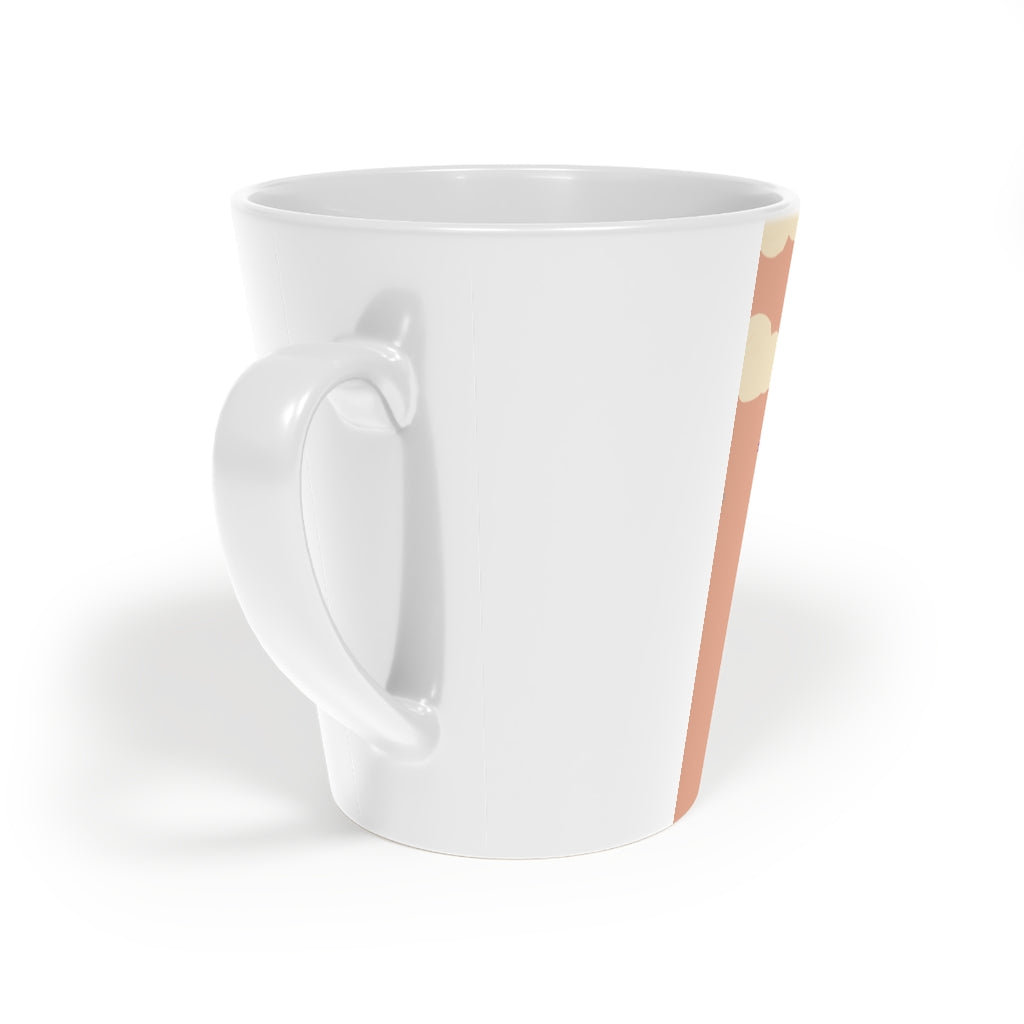 A stylish Desert Latte Mug, 12oz, made of durable white ceramic with a scratch-resistant finish and an easy-grip C-shaped handle.