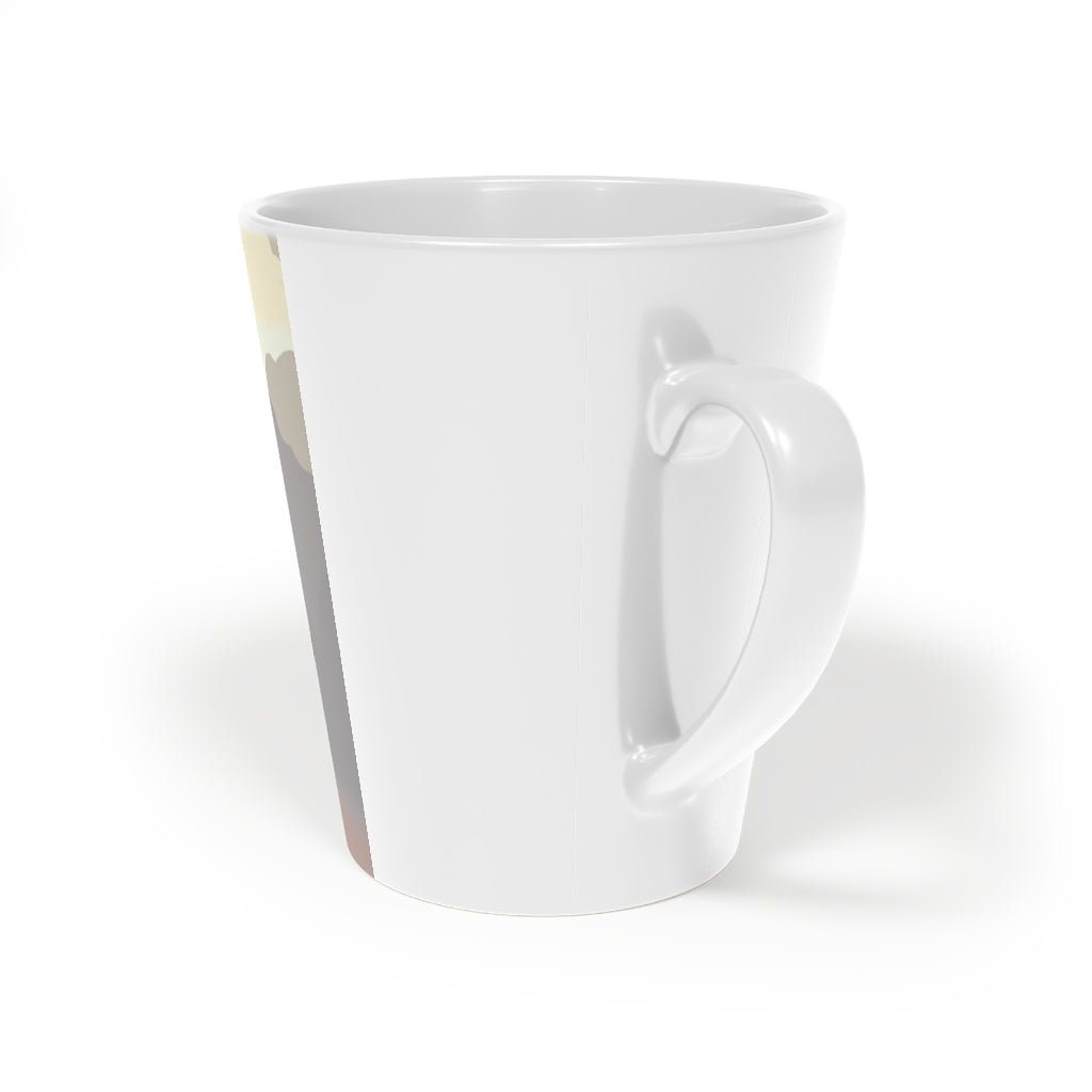 A stylish Desert Latte Mug, 12oz, made of durable white ceramic with a scratch-resistant finish and an easy-grip C-shaped handle.