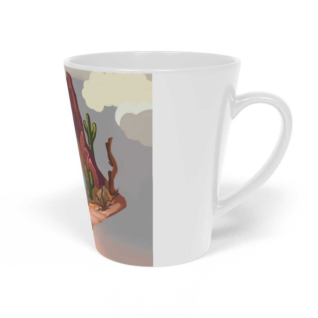 A stylish Desert Latte Mug, 12oz, made of durable white ceramic with a scratch-resistant finish and an easy-grip C-shaped handle.