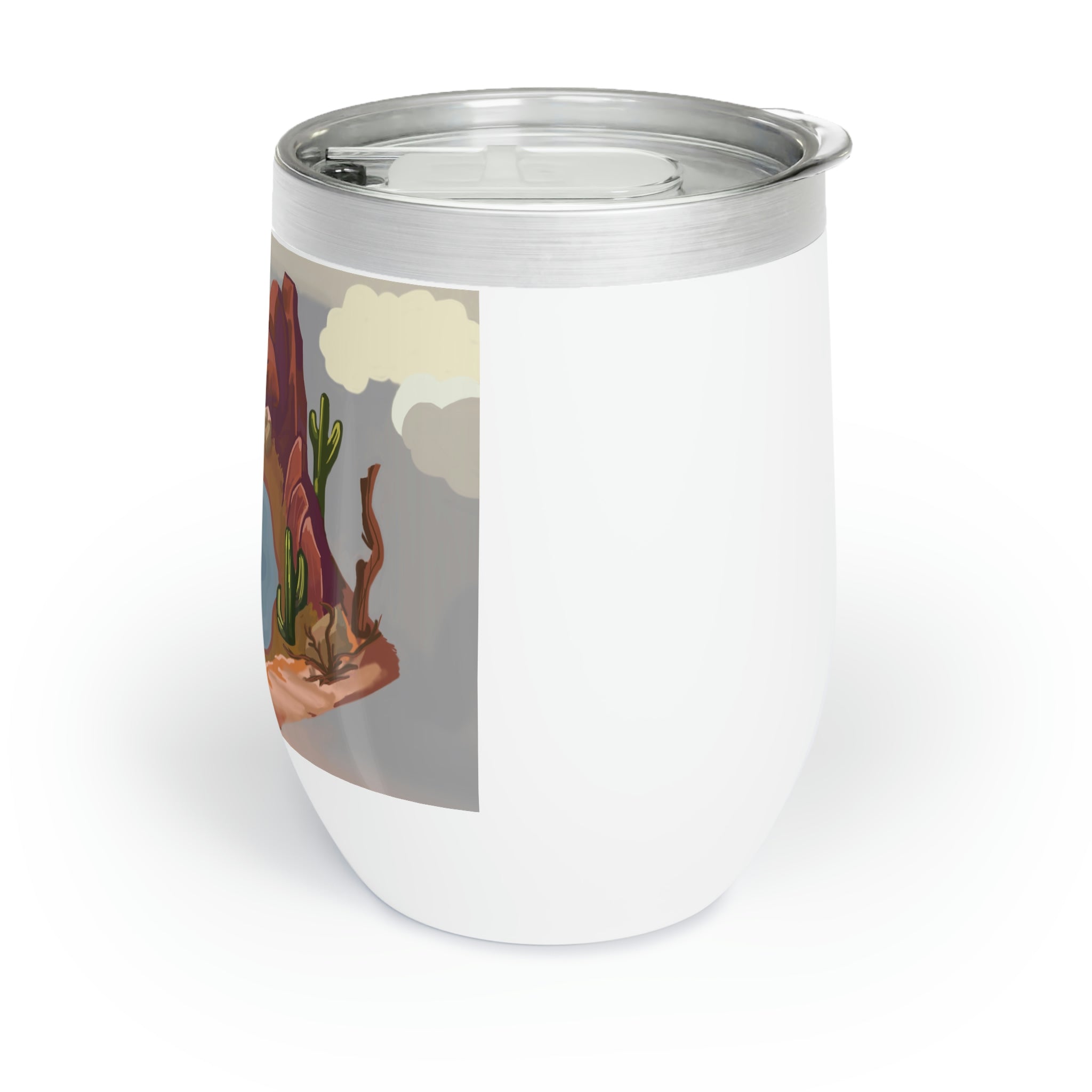 Desert Rocks Chill Wine Tumbler in stainless steel with a customizable design, showcasing its double-insulated walls and stemless shape.