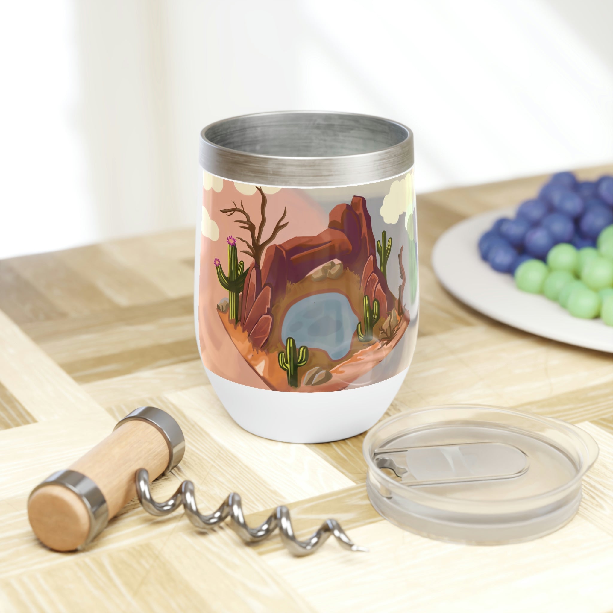 Desert Rocks Chill Wine Tumbler in stainless steel with a customizable design, showcasing its double-insulated walls and stemless shape.